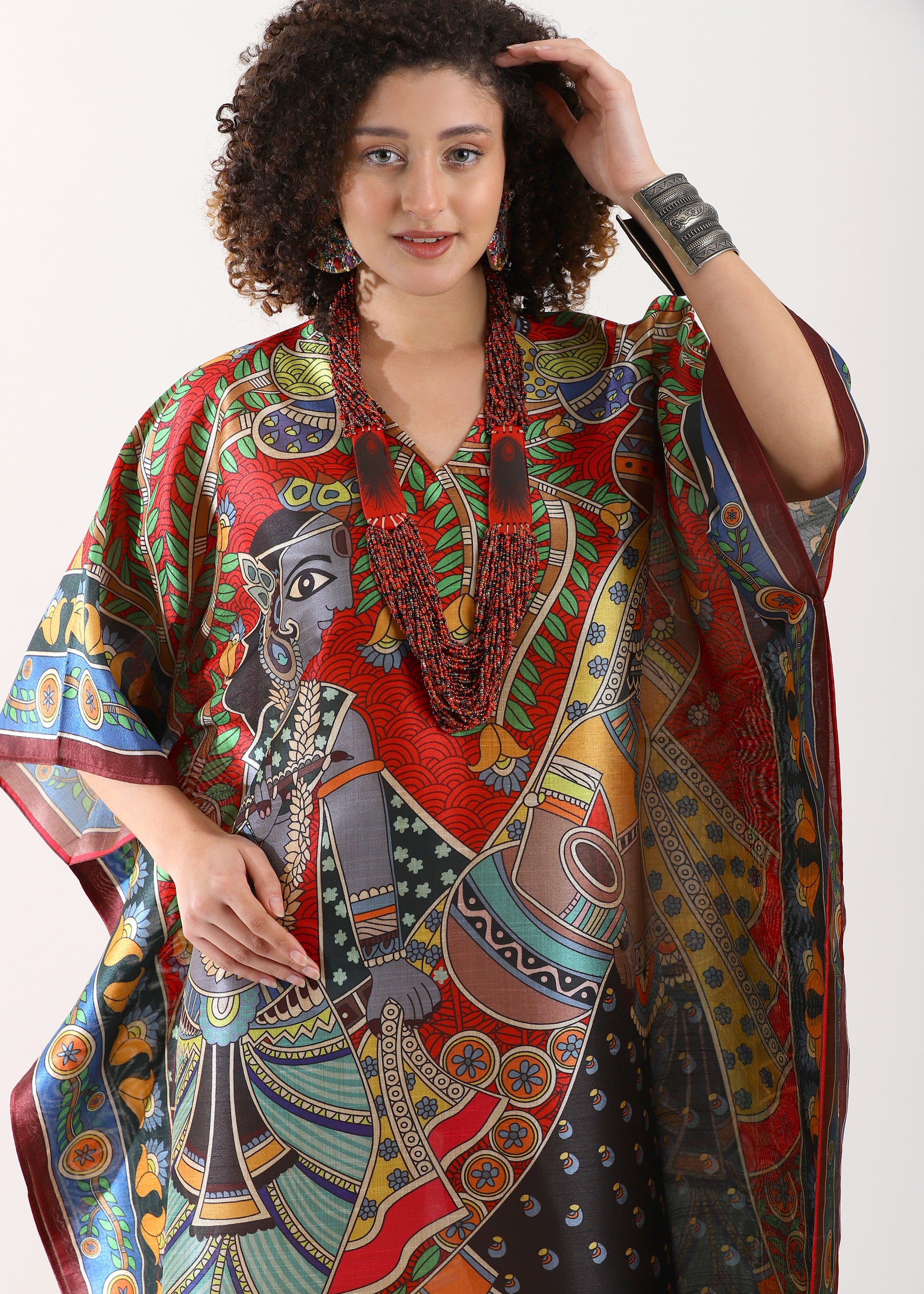 Madhubani Printed Stitched Kaftan Top : Maroon Red Viscose Silk, Calf Length, Free Size - Stylish & Chic for Women