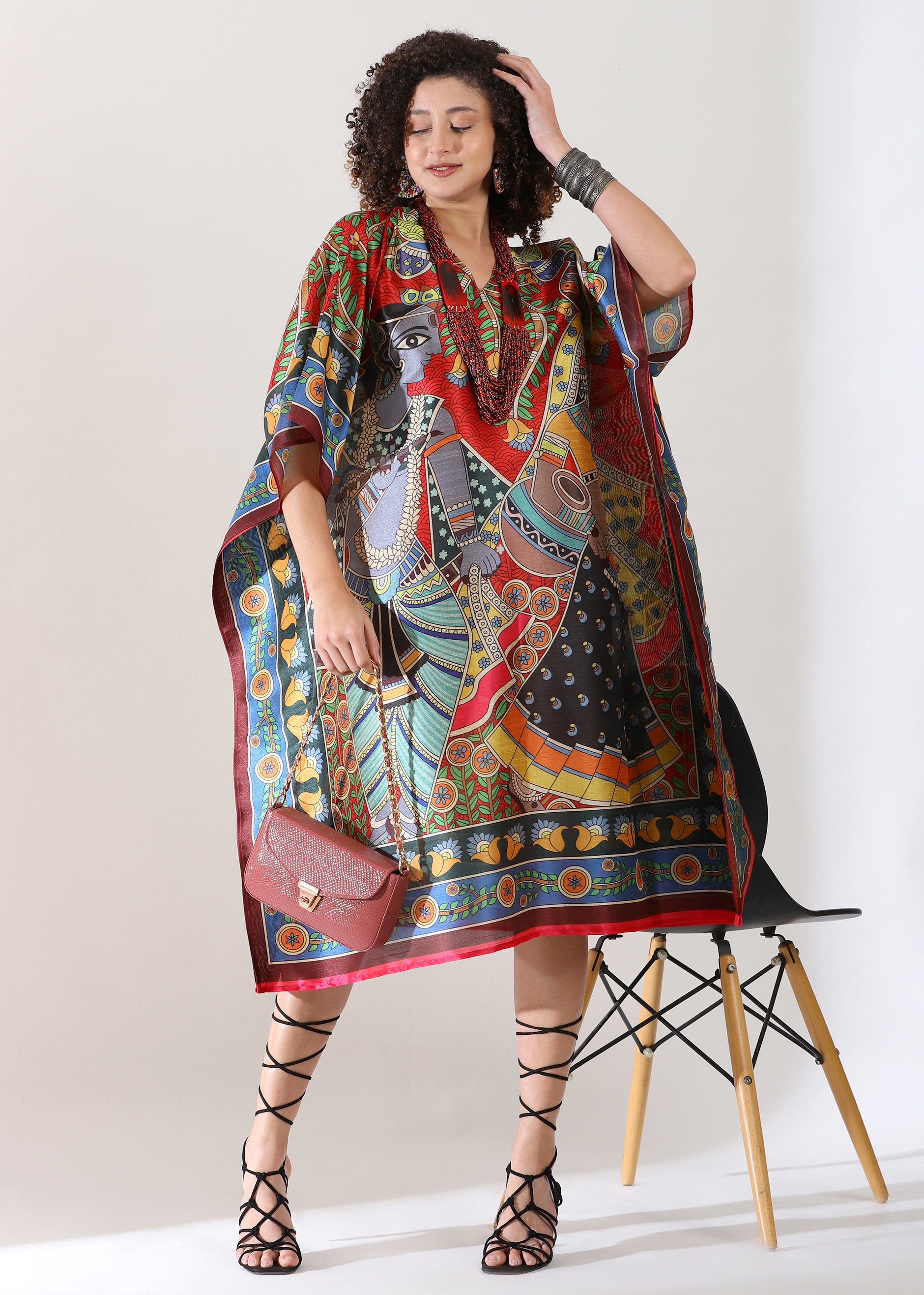 Madhubani Printed Stitched Kaftan Top : Maroon Red Viscose Silk, Calf Length, Free Size - Stylish & Chic for Women