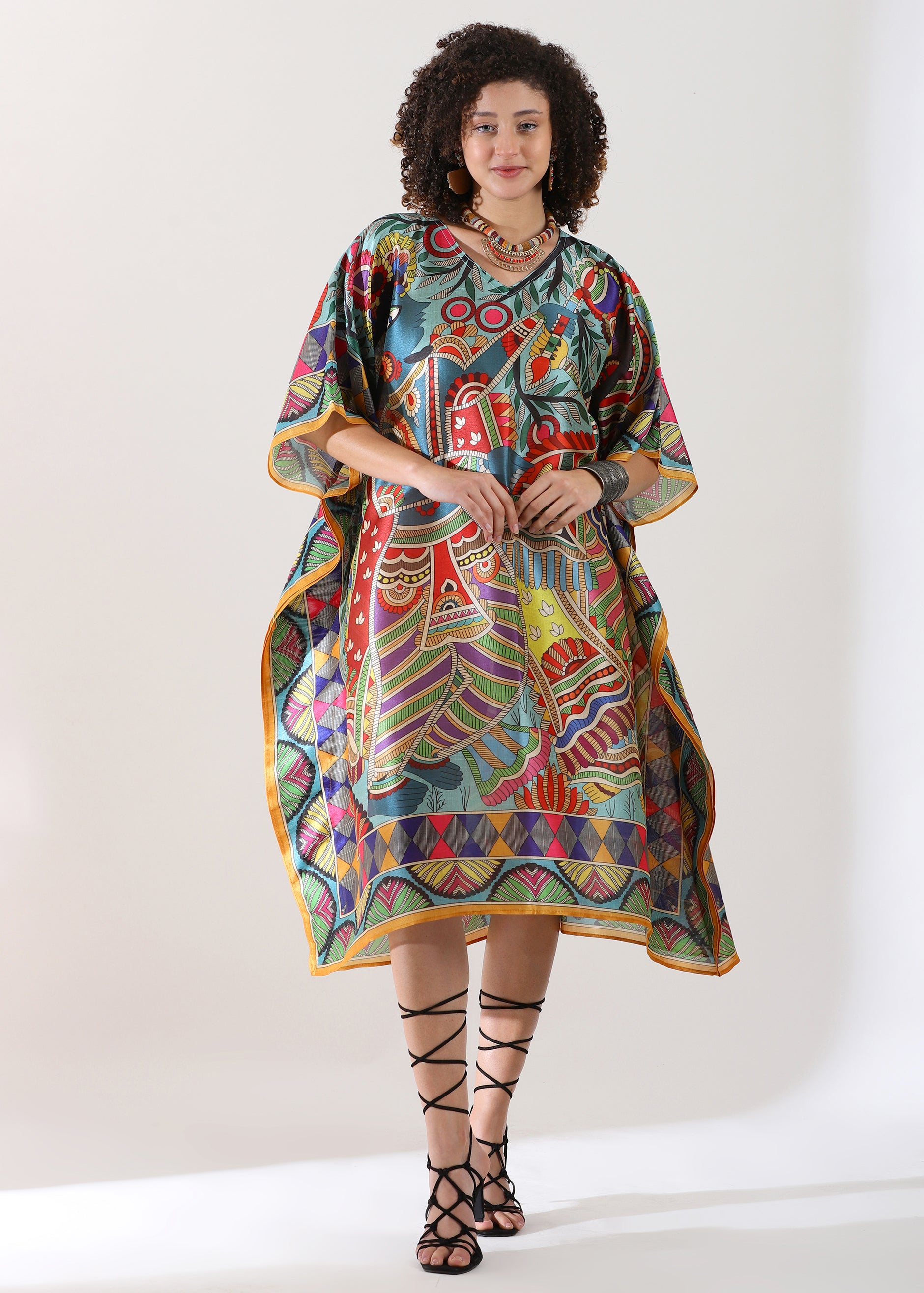 PIAAH Madhubani Printed Designer Kaftan: Fountain Blue Base, Viscose Silk, Calf Length, Free Size - Stylish & Chic for Women