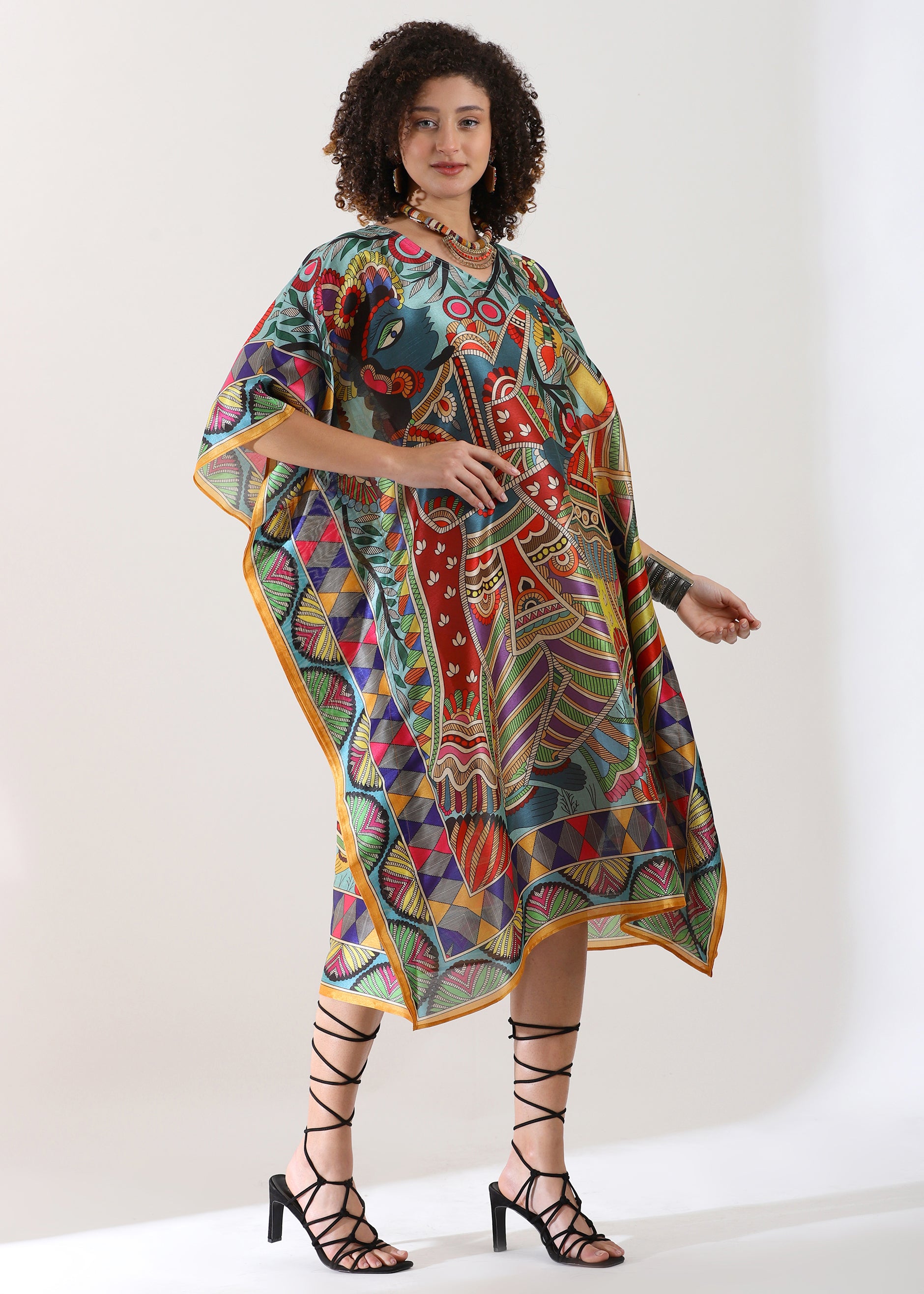 PIAAH Madhubani Printed Designer Kaftan: Fountain Blue Base, Viscose Silk, Calf Length, Free Size - Stylish & Chic for Women