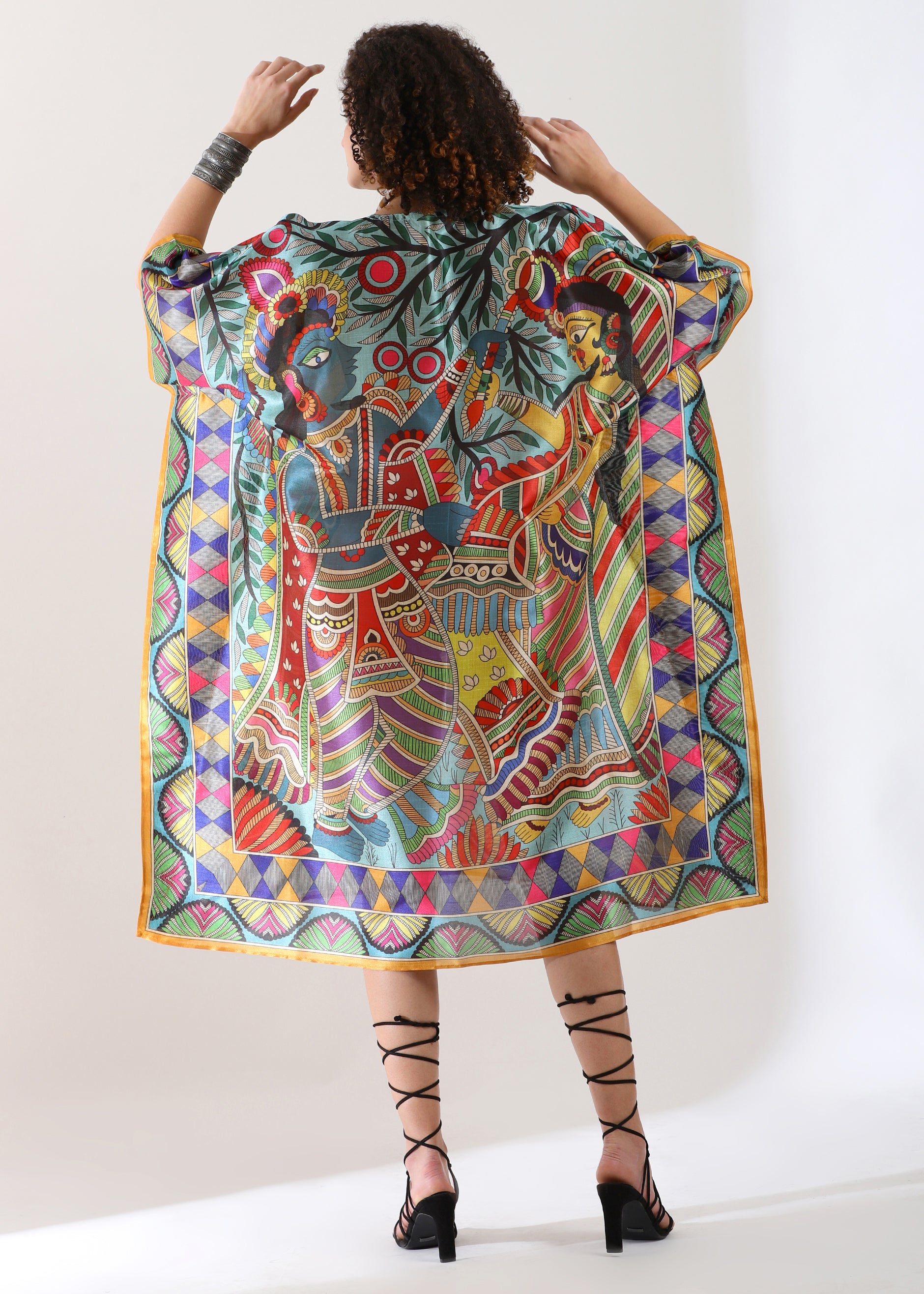 PIAAH Madhubani Printed Designer Kaftan: Fountain Blue Base, Viscose Silk, Calf Length, Free Size - Stylish & Chic for Women