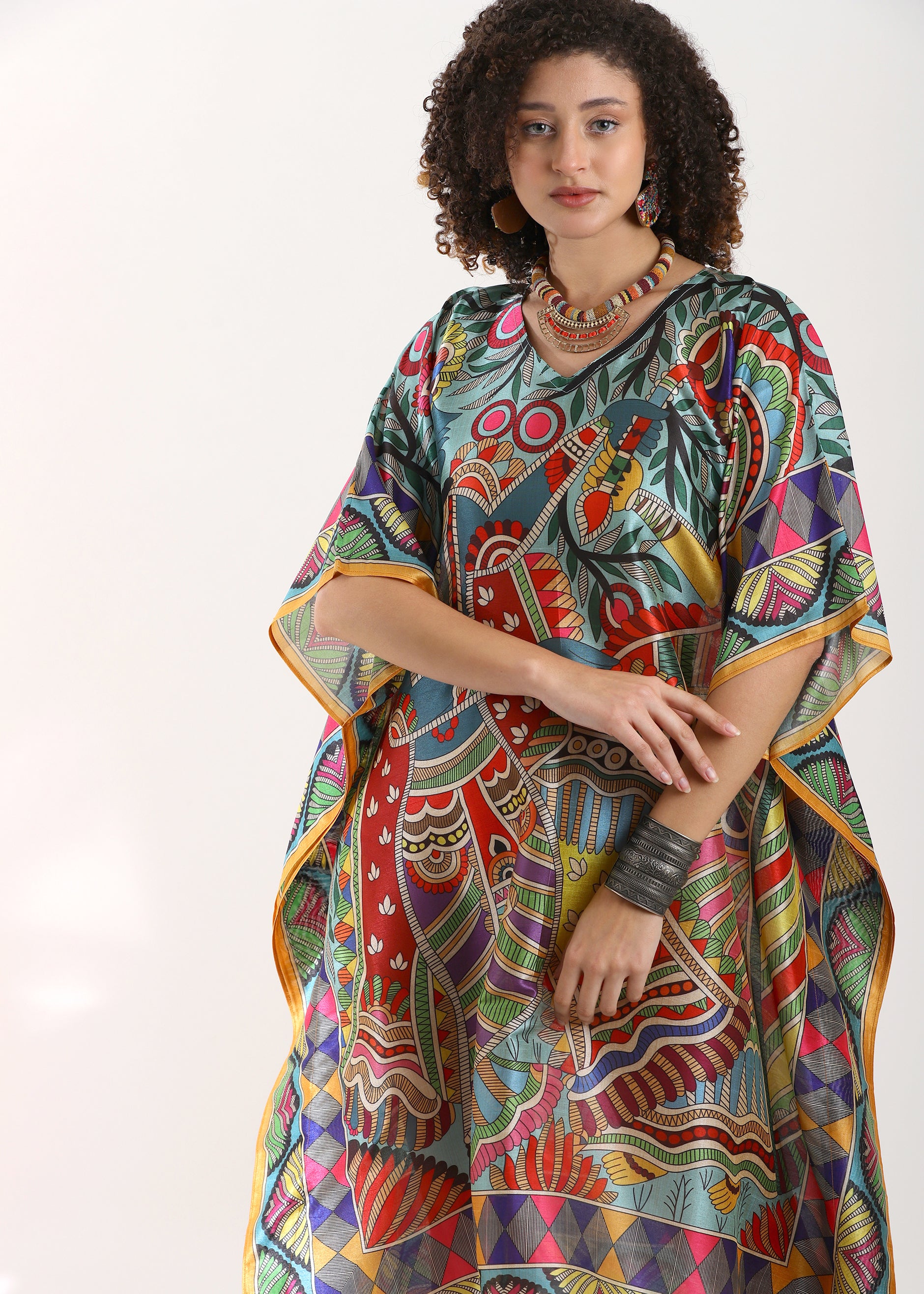 PIAAH Madhubani Printed Designer Kaftan: Fountain Blue Base, Viscose Silk, Calf Length, Free Size - Stylish & Chic for Women