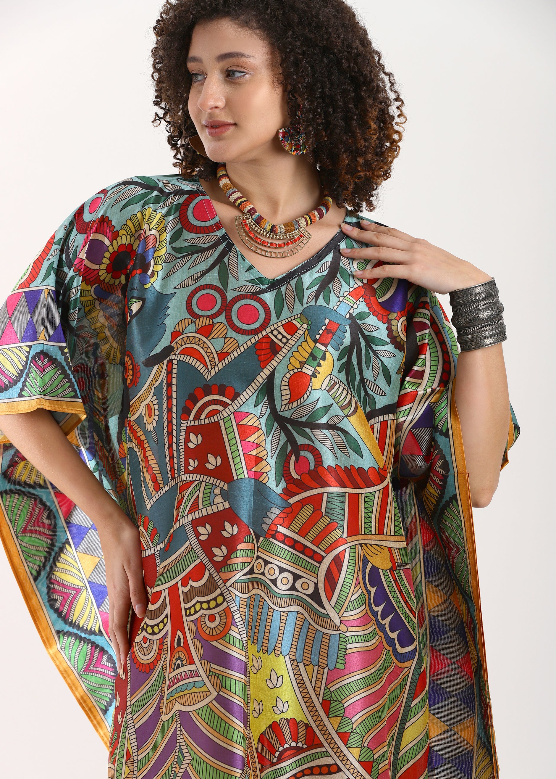 PIAAH Madhubani Printed Designer Kaftan: Fountain Blue Base, Viscose Silk, Calf Length, Free Size - Stylish & Chic for Women