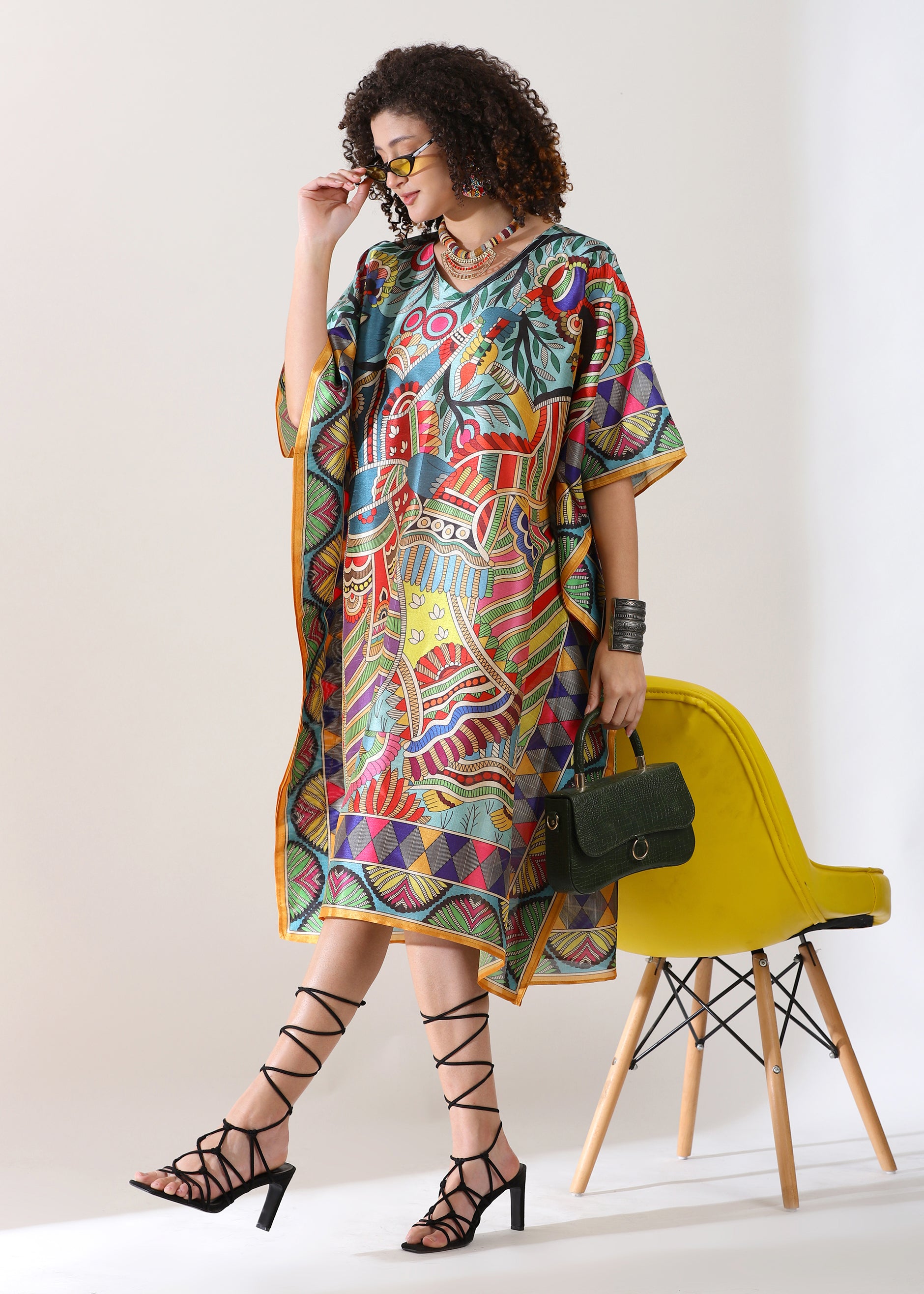 PIAAH Madhubani Printed Designer Kaftan: Fountain Blue Base, Viscose Silk, Calf Length, Free Size - Stylish & Chic for Women