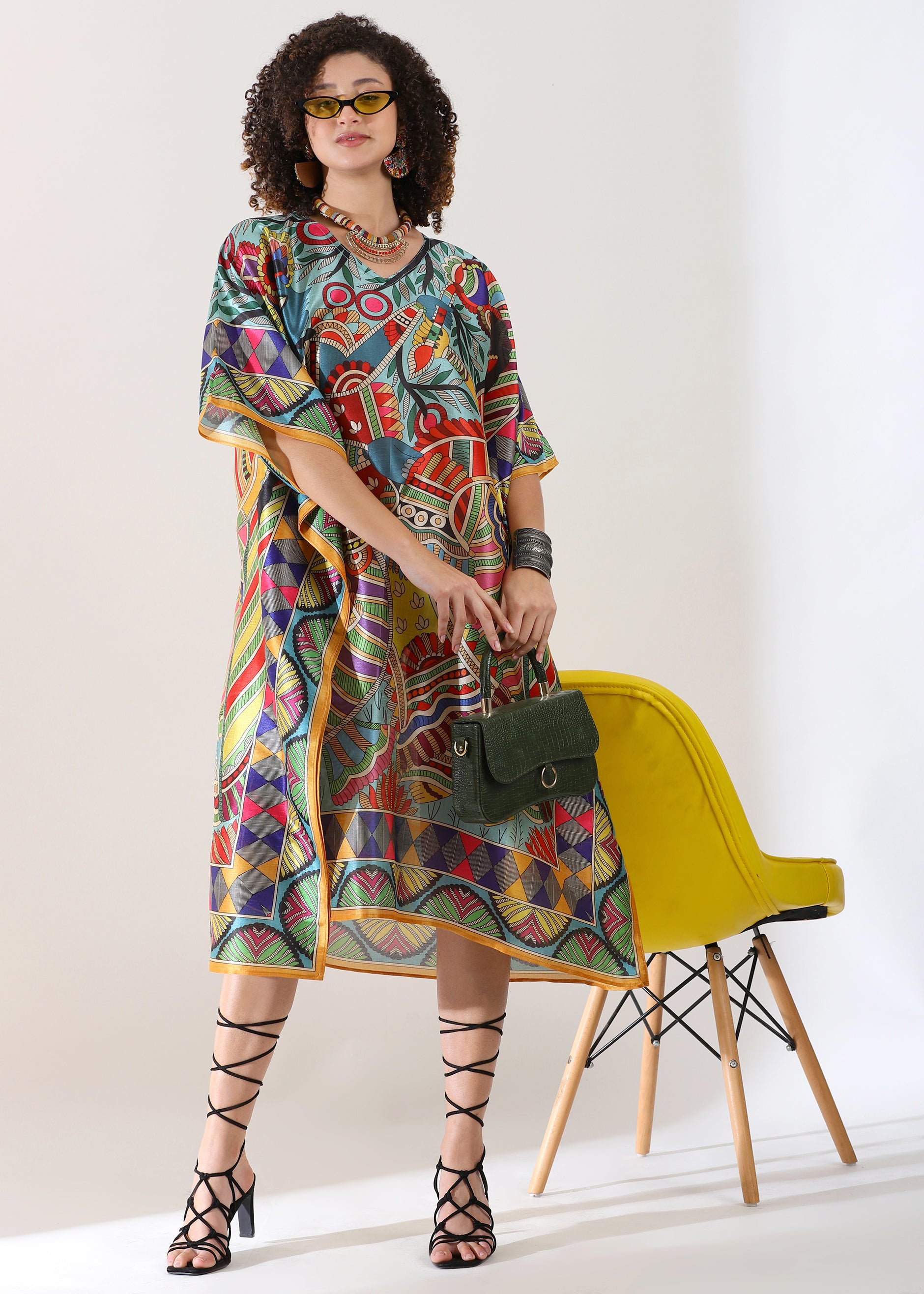 PIAAH Madhubani Printed Designer Kaftan: Fountain Blue Base, Viscose Silk, Calf Length, Free Size - Stylish & Chic for Women