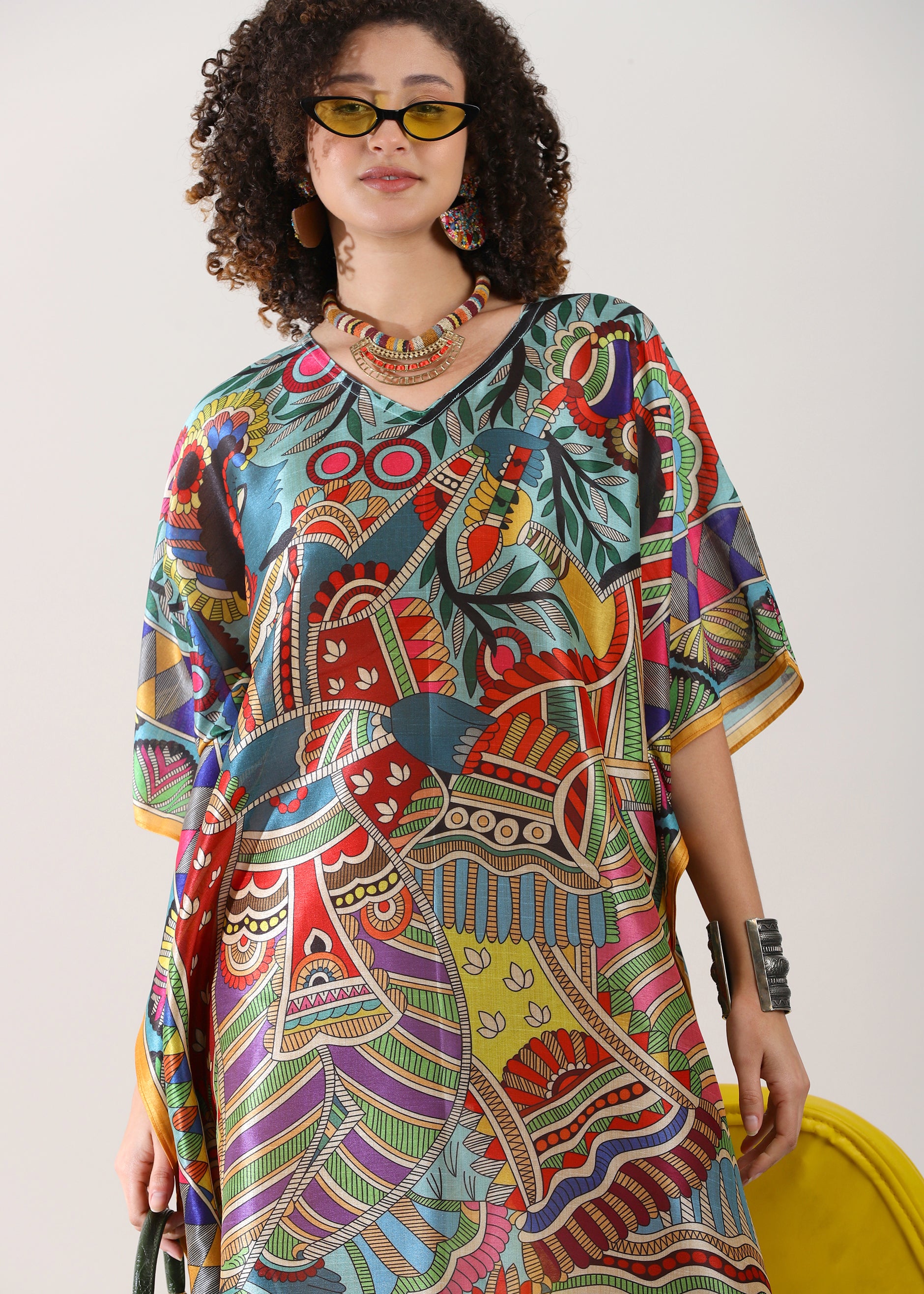 PIAAH Madhubani Printed Designer Kaftan: Fountain Blue Base, Viscose Silk, Calf Length, Free Size - Stylish & Chic for Women