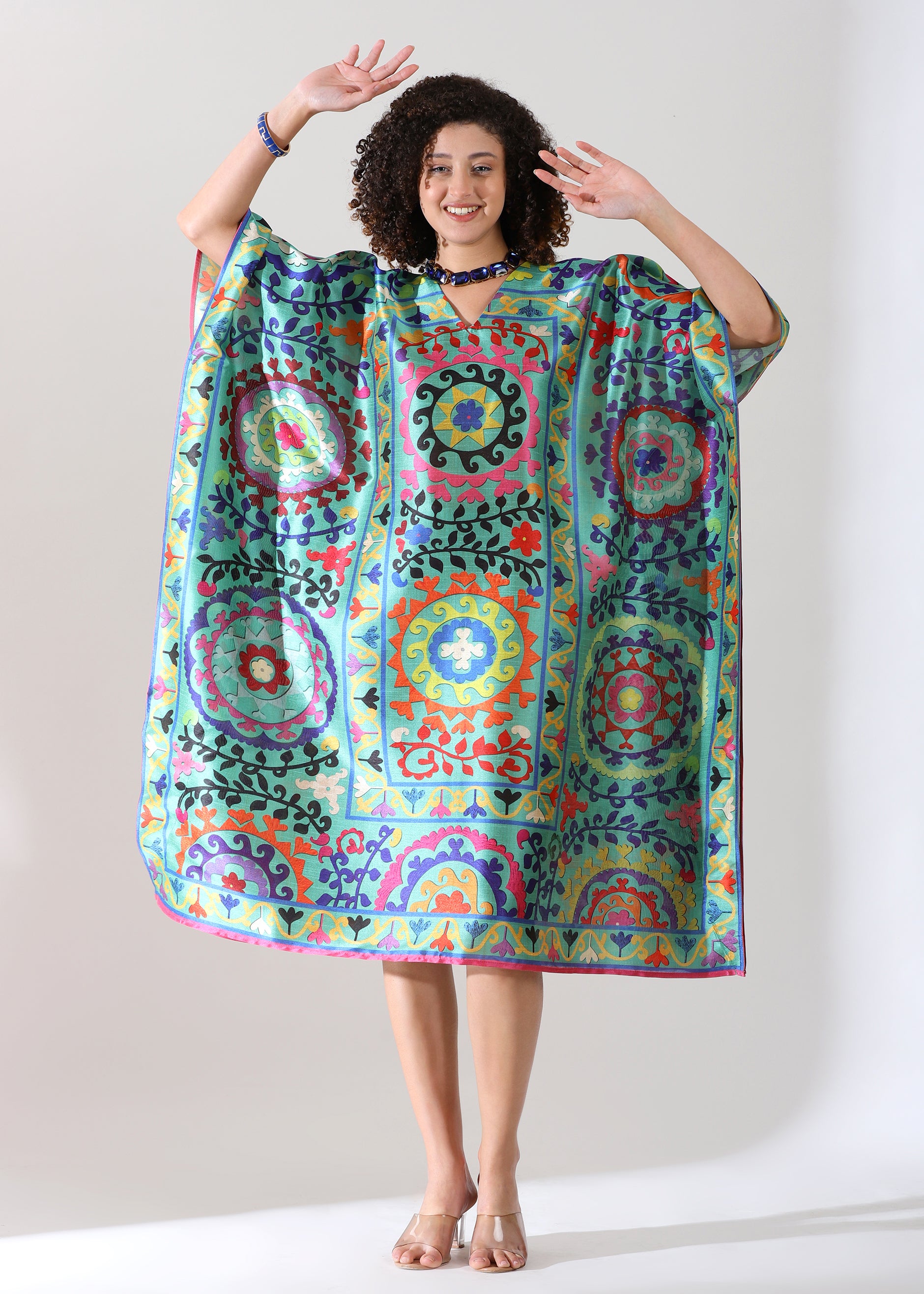 Madhubani Printed Stitched Kaftan: Green Base, Viscose Silk, Calf Length, Free Size - Stylish & Chic for Women