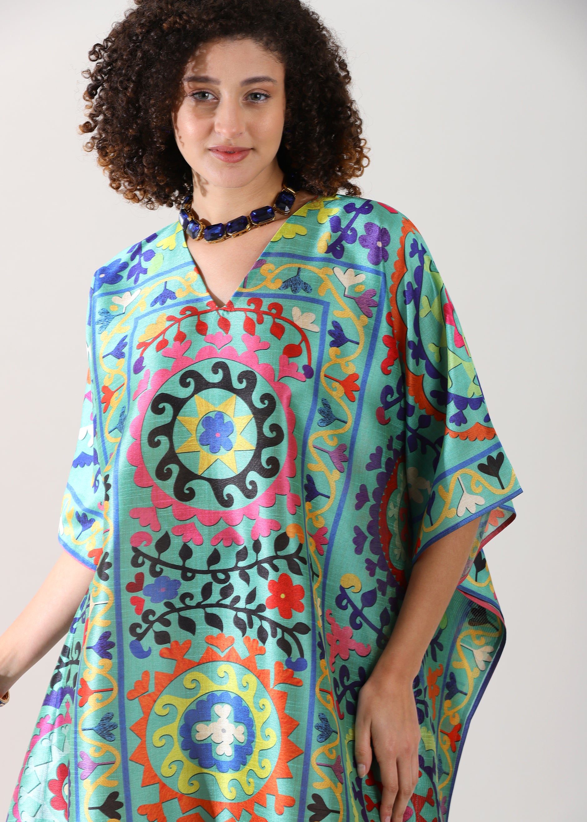 Madhubani Printed Stitched Kaftan: Green Base, Viscose Silk, Calf Length, Free Size - Stylish & Chic for Women