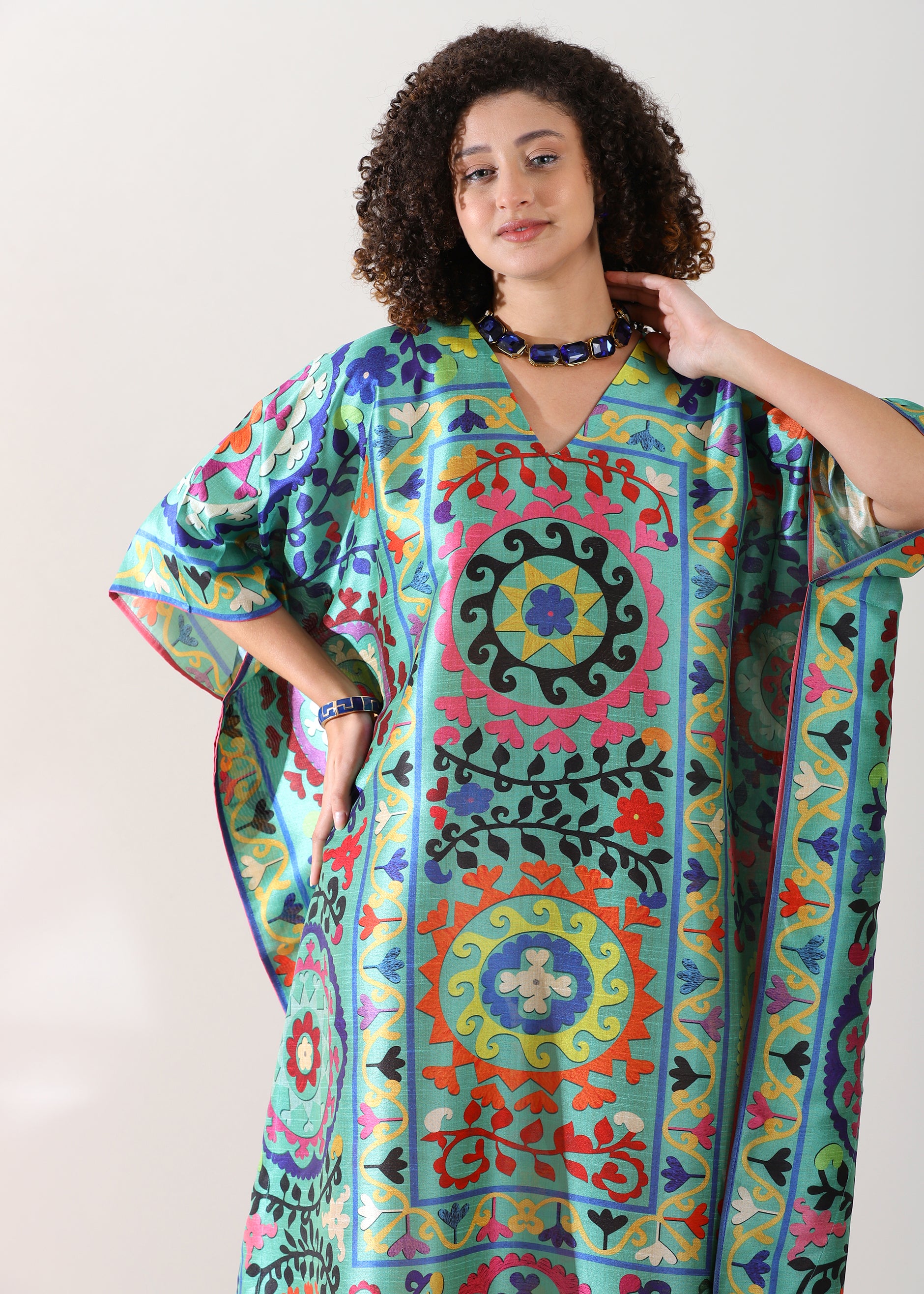 Madhubani Printed Stitched Kaftan: Green Base, Viscose Silk, Calf Length, Free Size - Stylish & Chic for Women