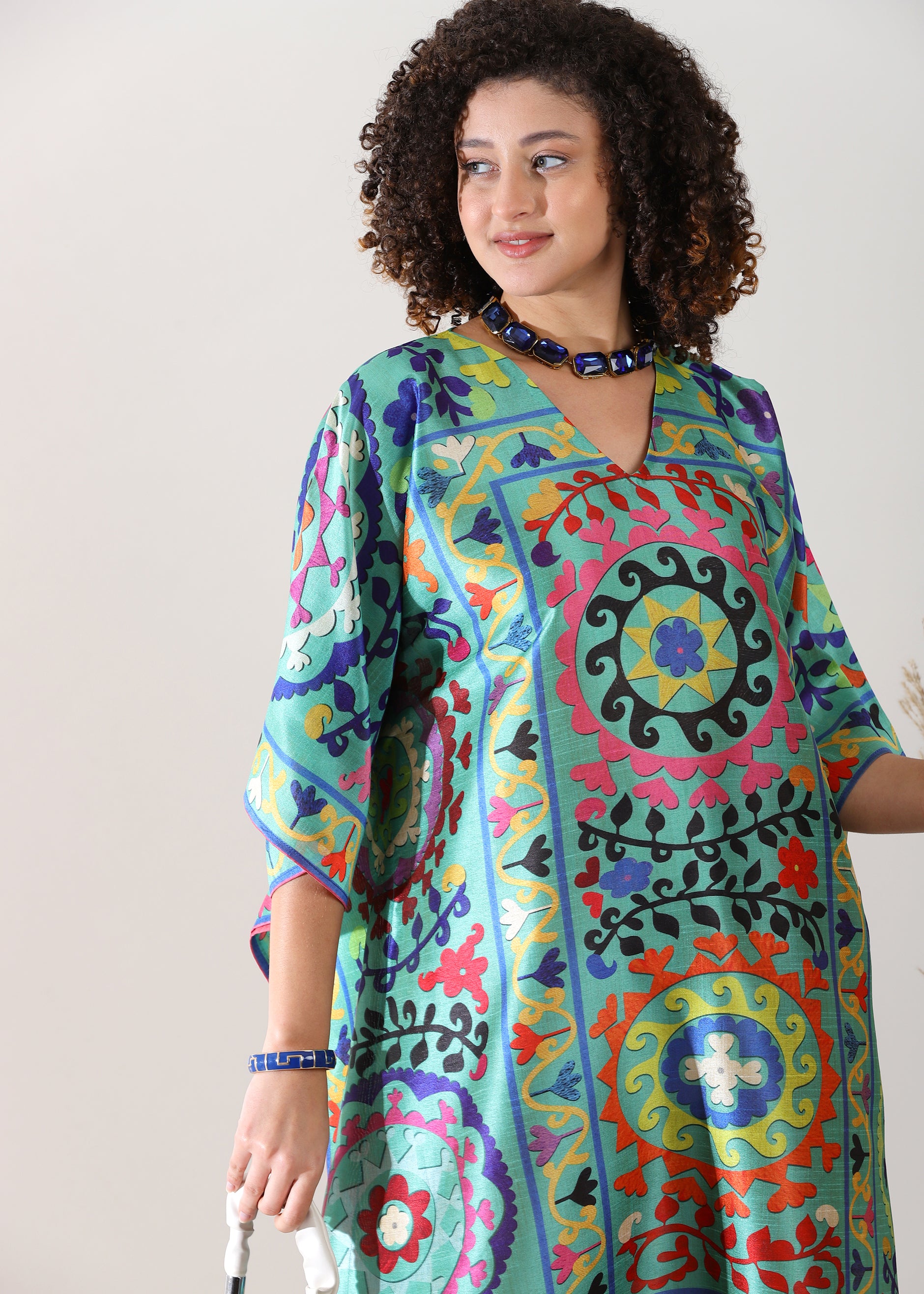 Madhubani Printed Stitched Kaftan: Green Base, Viscose Silk, Calf Length, Free Size - Stylish & Chic for Women