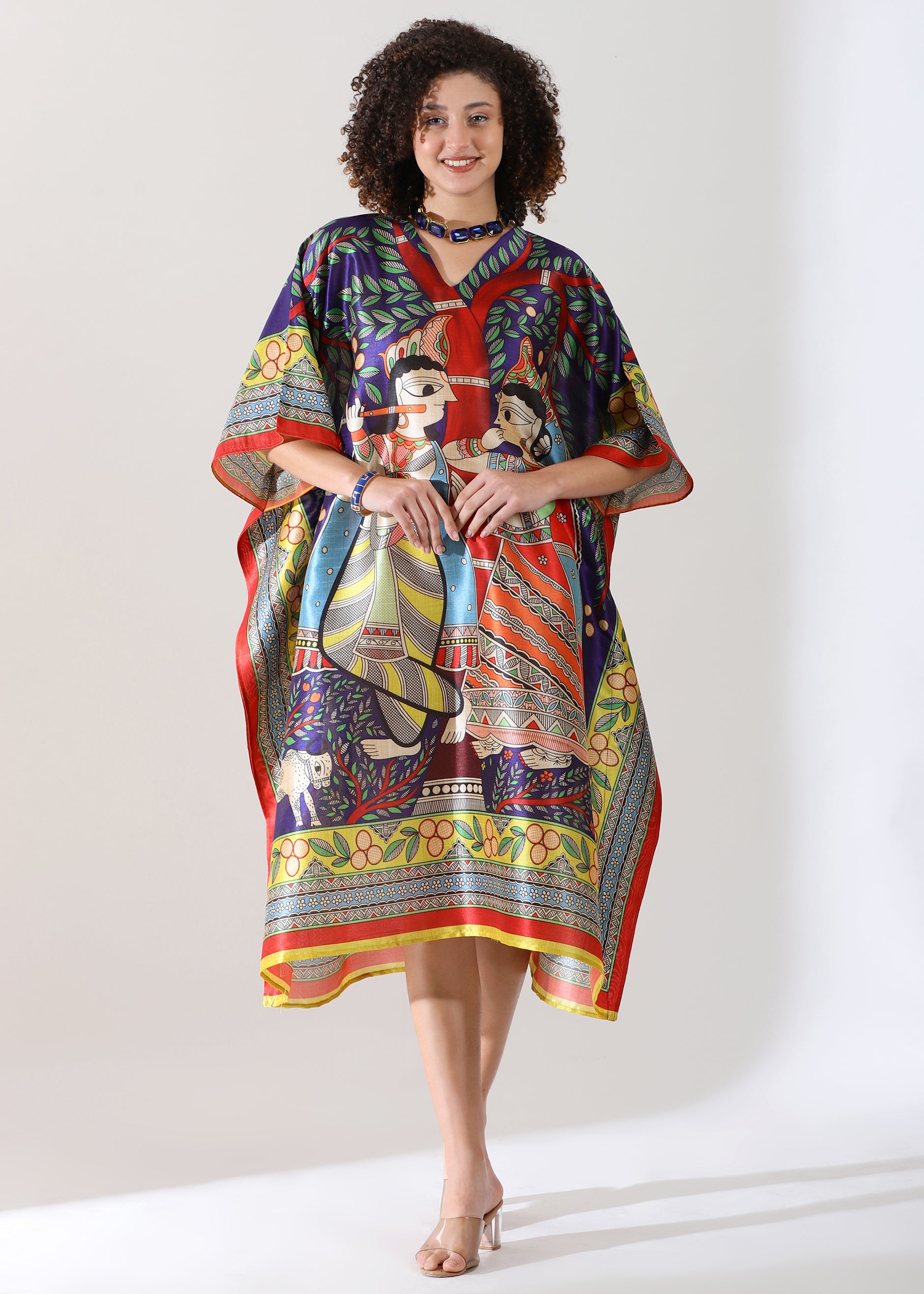 Madhubani Printed Stitched Kaftan: Bright blue, Viscose Silk, Calf Length, Free Size - Stylish & Chic for Women