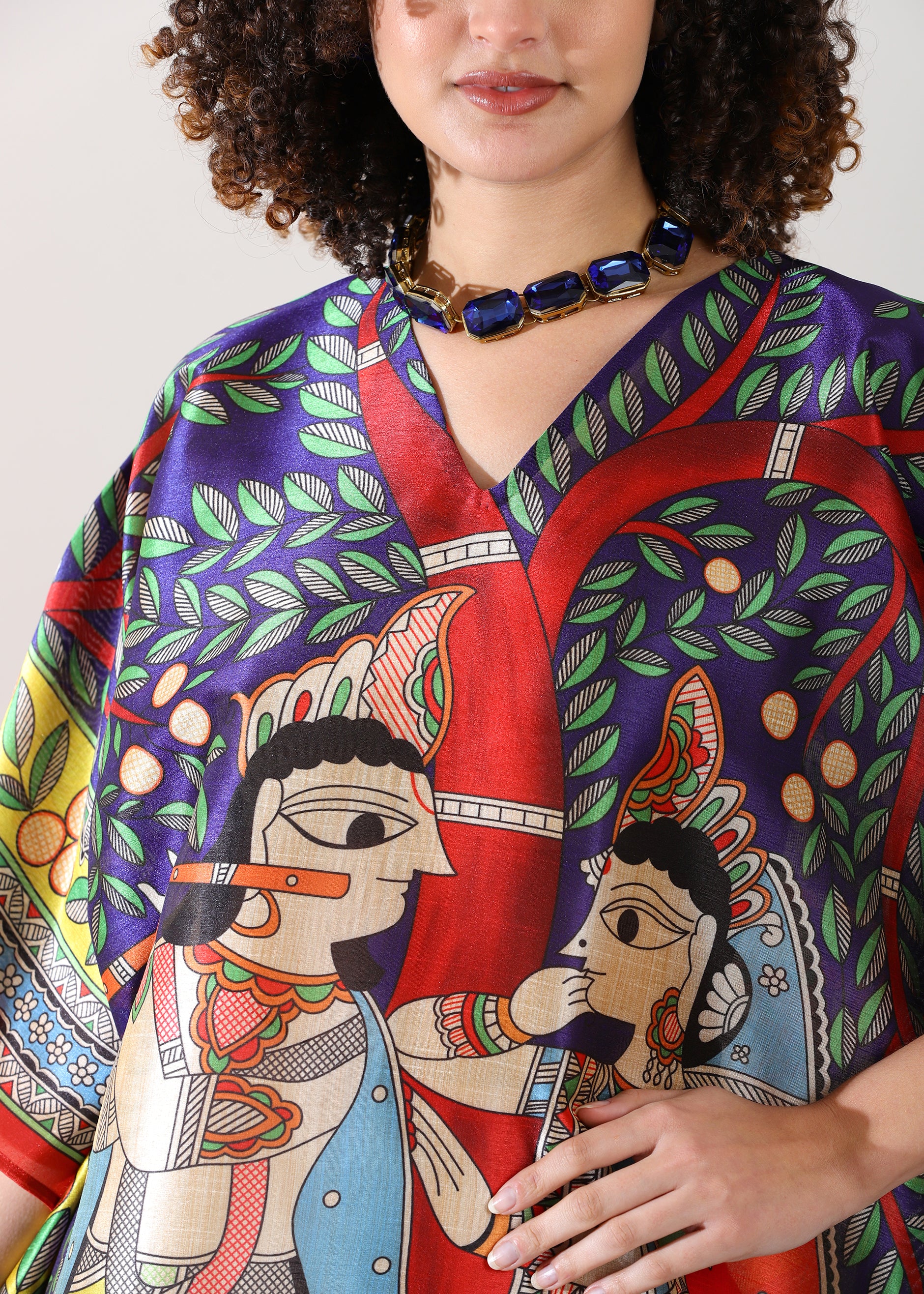 Madhubani Printed Stitched Kaftan: Bright blue, Viscose Silk, Calf Length, Free Size - Stylish & Chic for Women