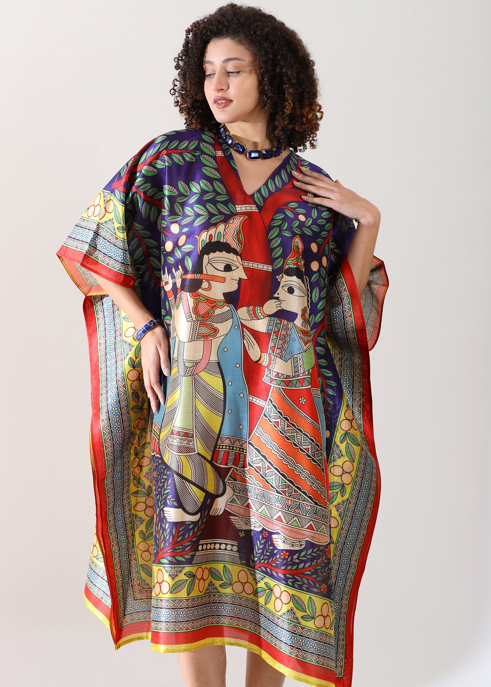 Madhubani Printed Stitched Kaftan: Bright blue, Viscose Silk, Calf Length, Free Size - Stylish & Chic for Women