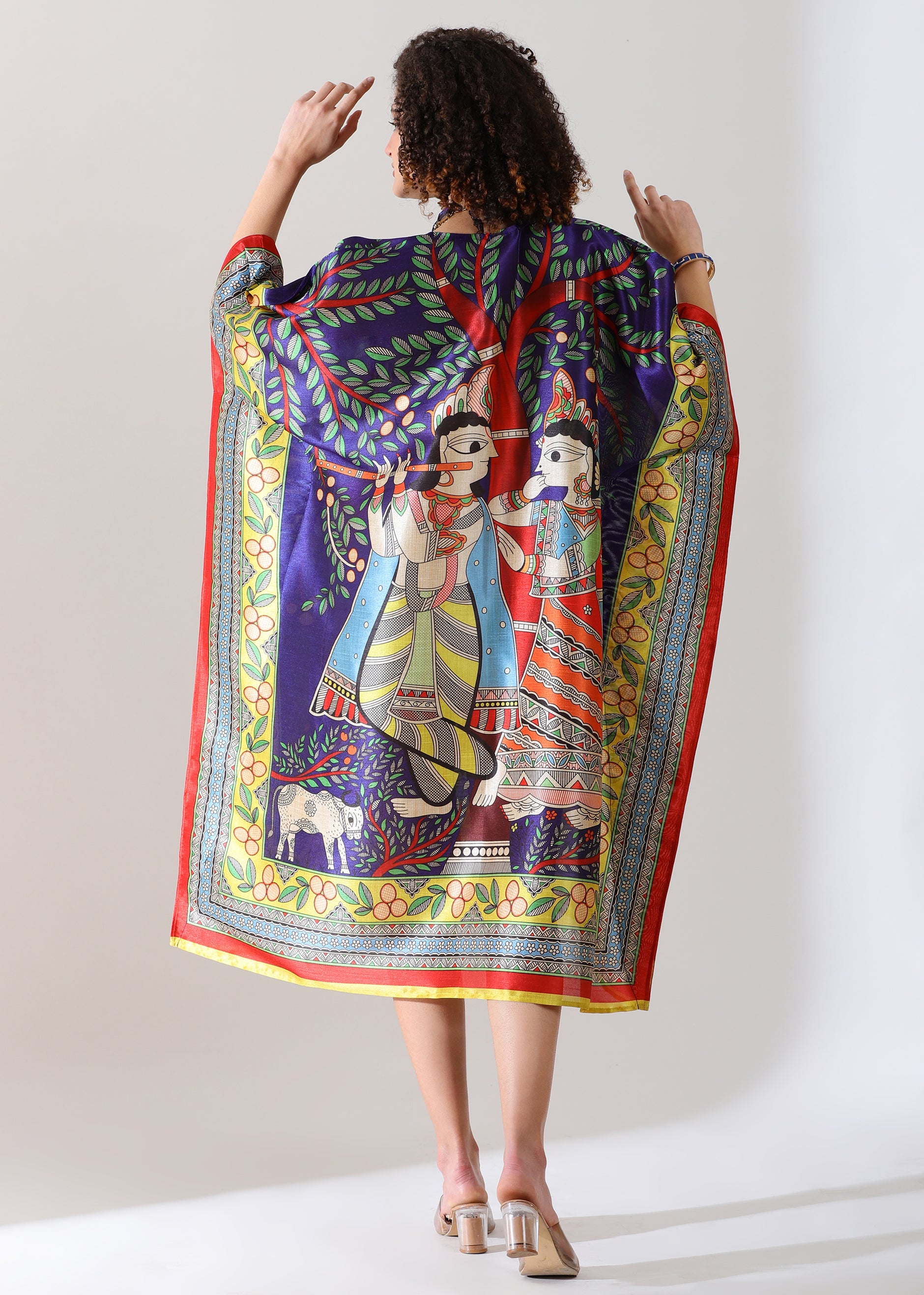 Madhubani Printed Stitched Kaftan: Bright blue, Viscose Silk, Calf Length, Free Size - Stylish & Chic for Women