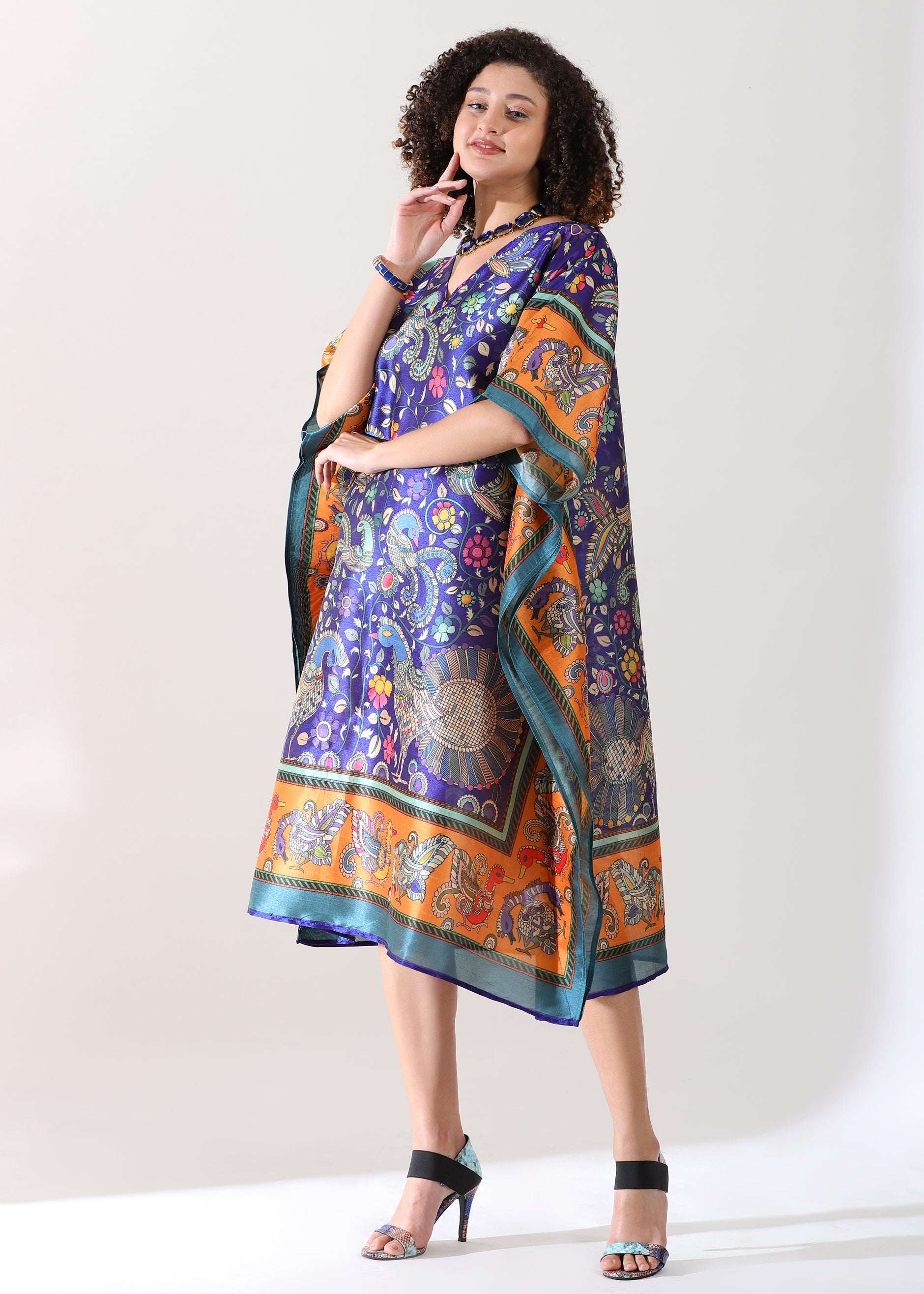 Bohemian Peacock & Floral Print Kaftan Dress - Navy Blue and Orange Tunic