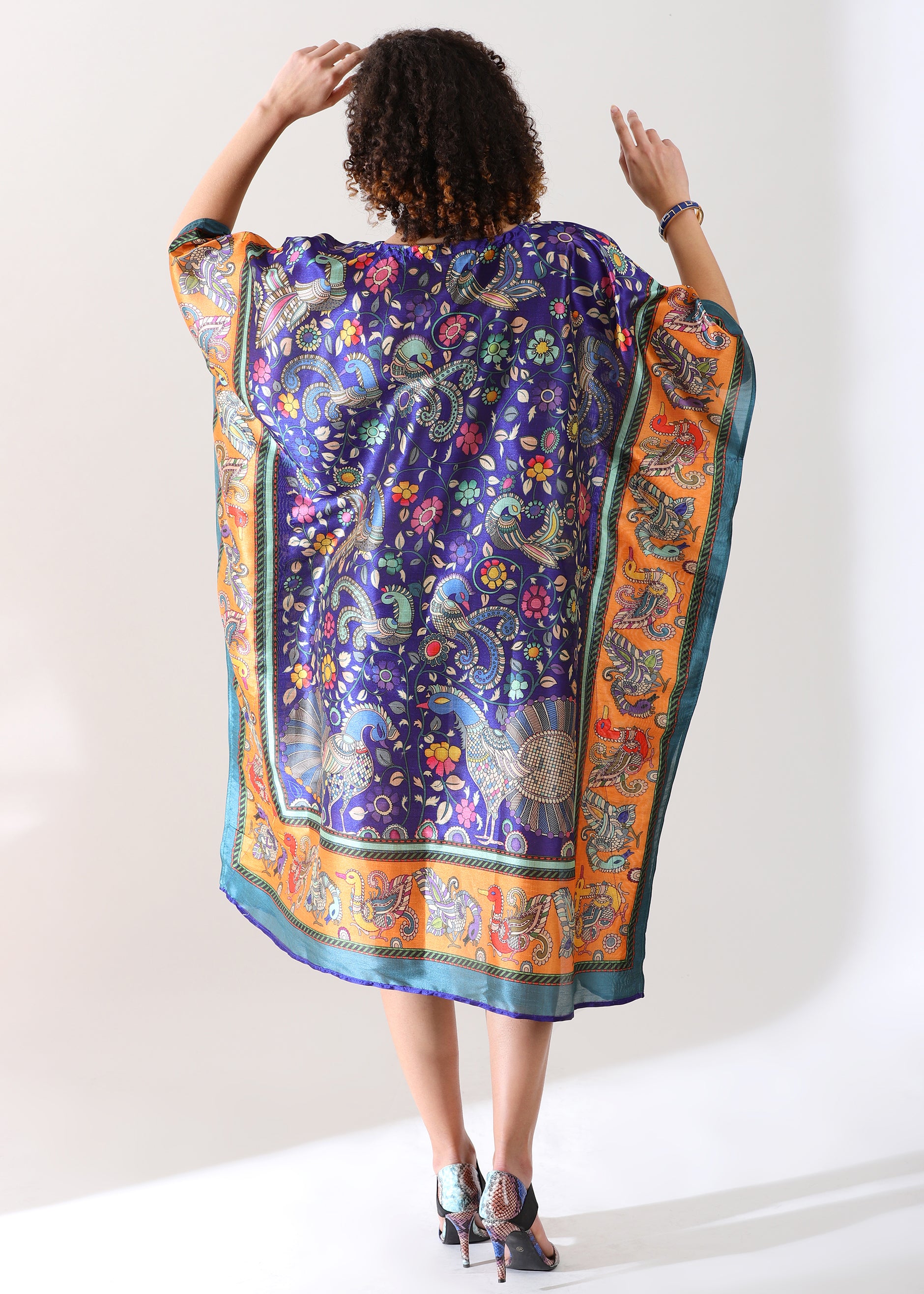 Bohemian Peacock & Floral Print Kaftan Dress - Navy Blue and Orange Tunic