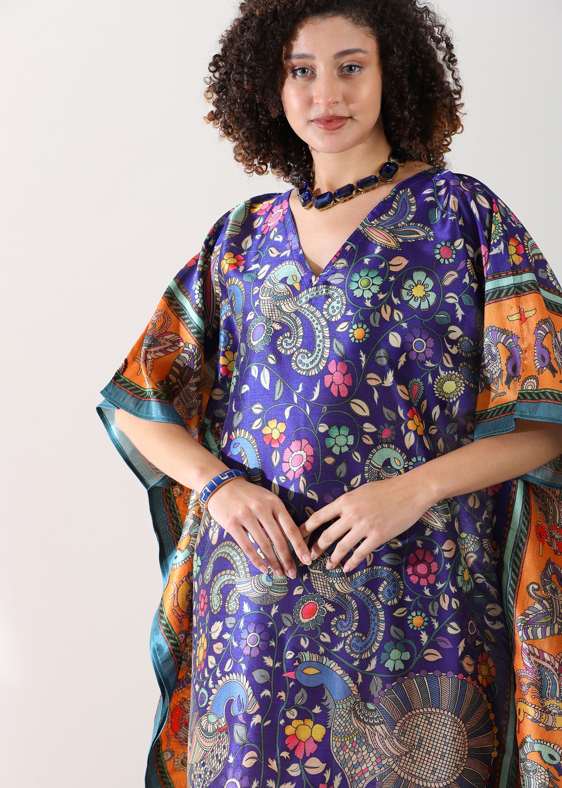 Bohemian Peacock & Floral Print Kaftan Dress - Navy Blue and Orange Tunic