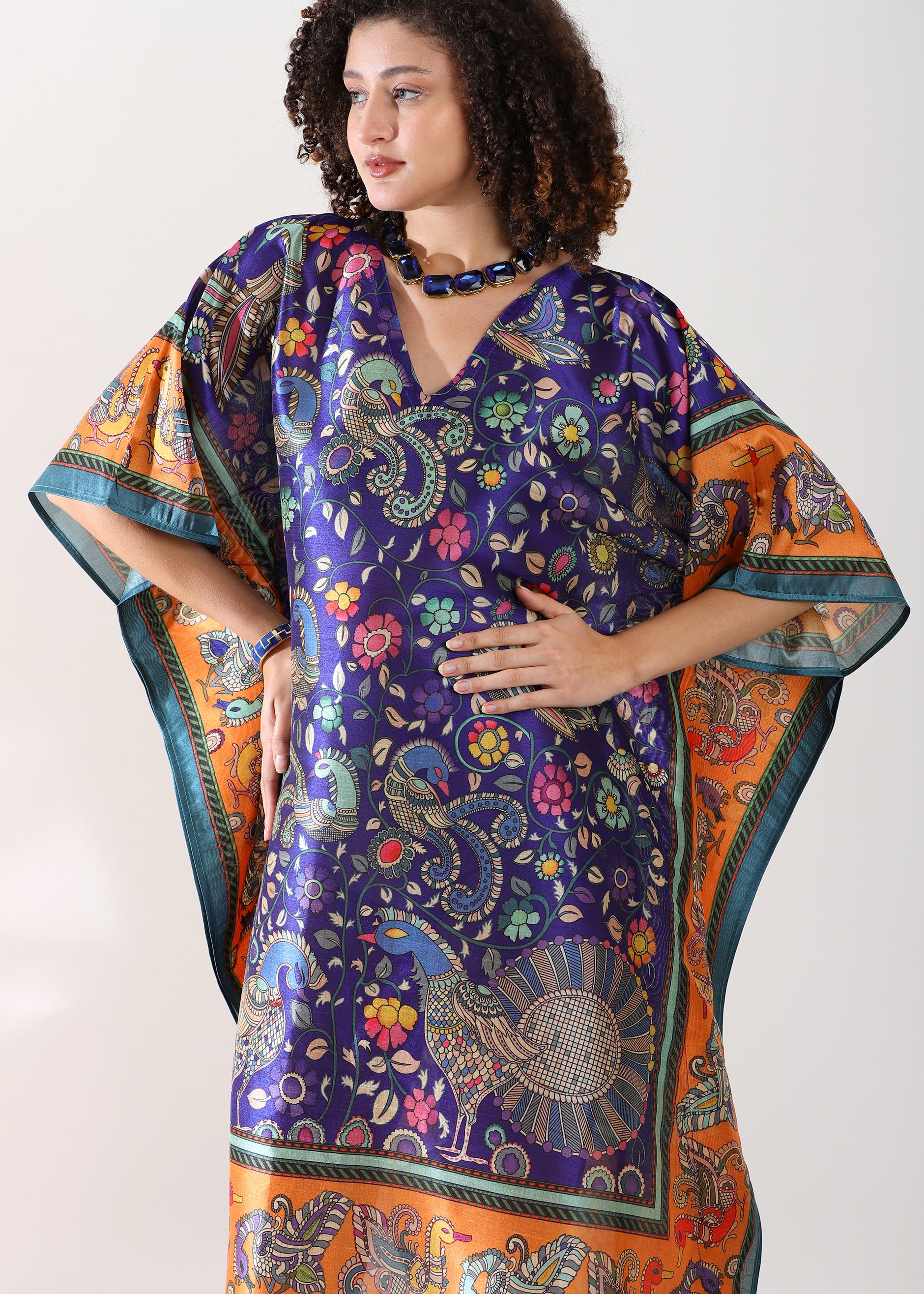 Madhubani Printed Stitched Top Kaftan: Indigo Blue Viscose Silk, Calf Length, Free Size - Stylish & Chic for Women