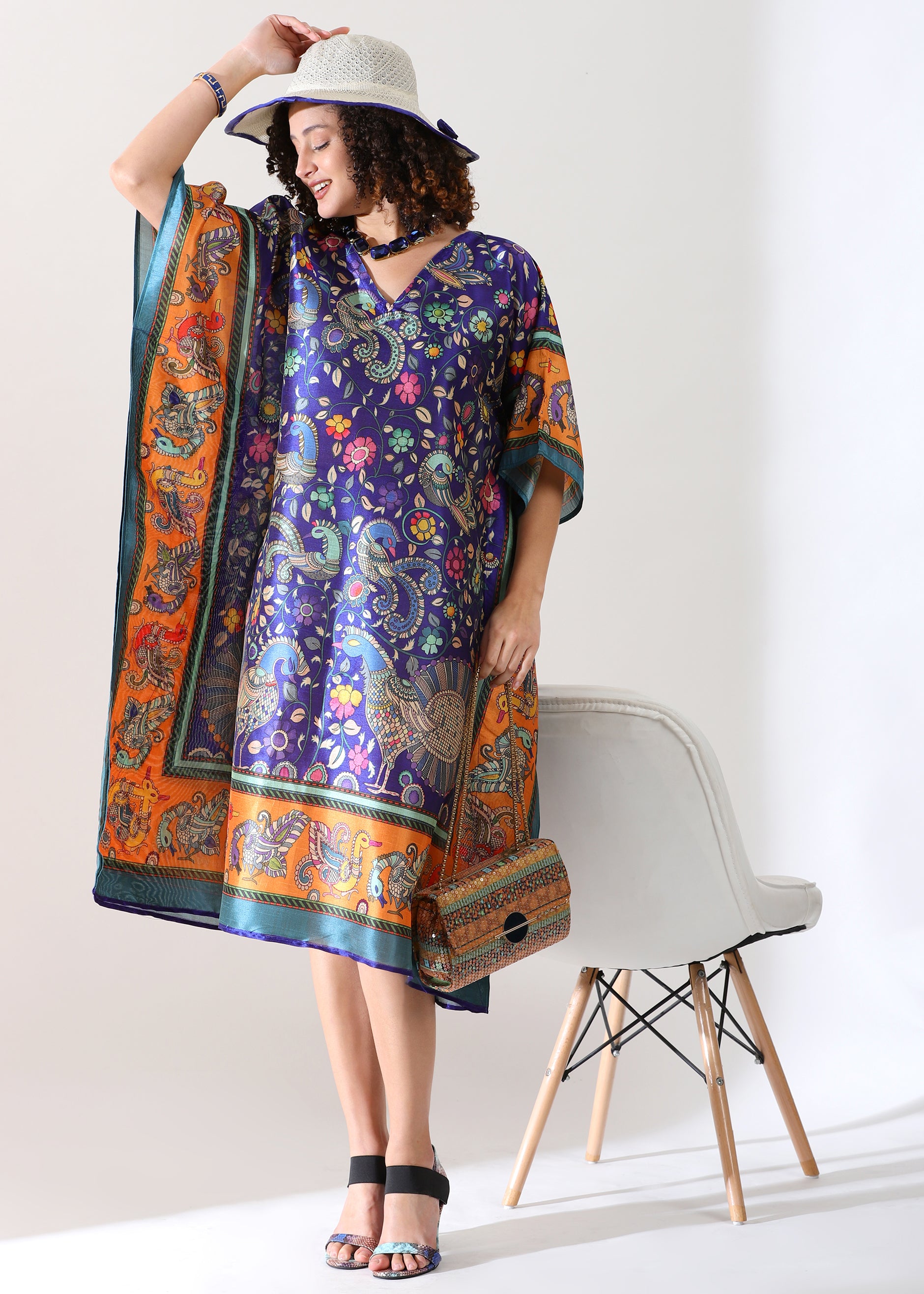 Bohemian Peacock & Floral Print Kaftan Dress - Navy Blue and Orange Tunic