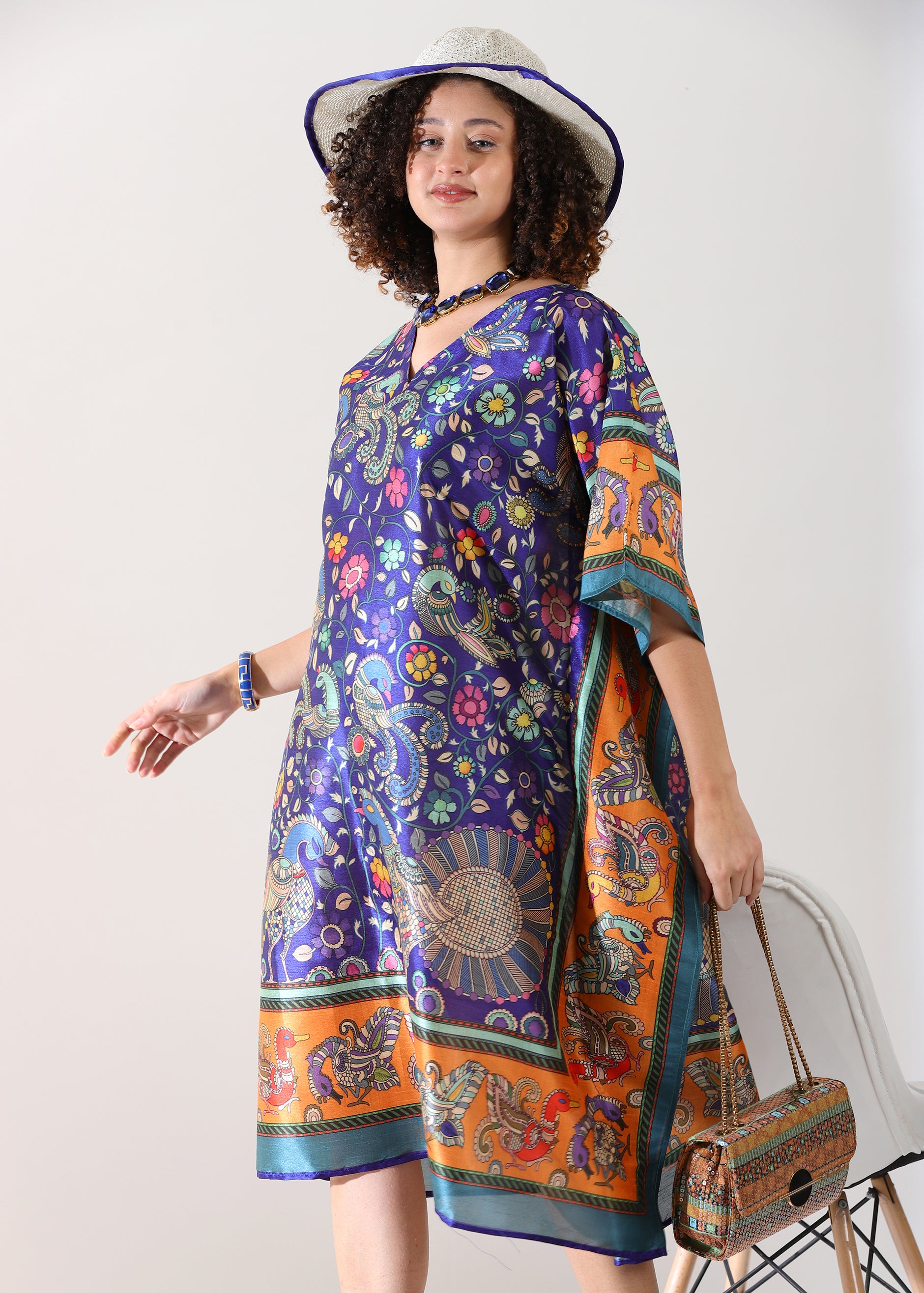 Bohemian Peacock & Floral Print Kaftan Dress - Navy Blue and Orange Tunic
