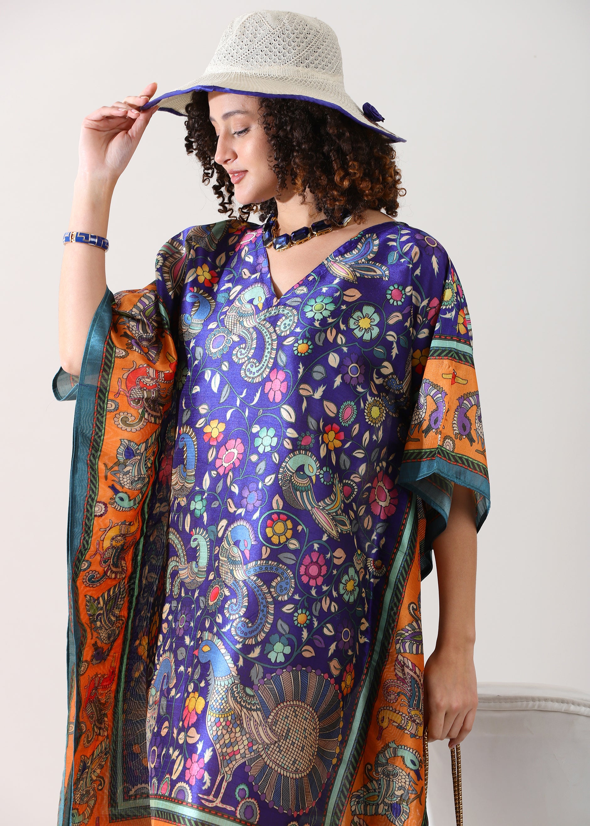Madhubani Printed Stitched Top Kaftan: Indigo Blue Viscose Silk, Calf Length, Free Size - Stylish & Chic for Women