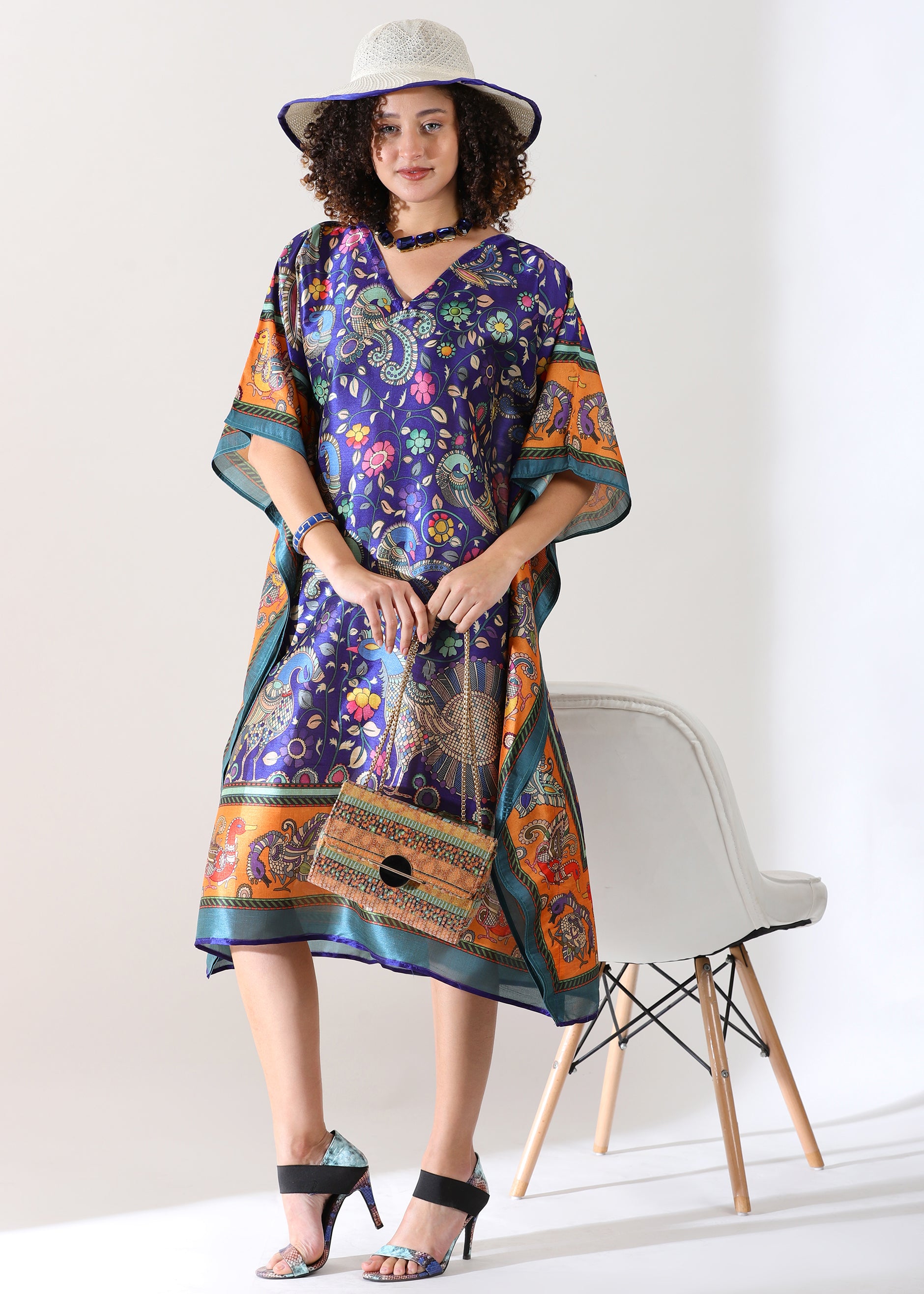 Madhubani Printed Stitched Top Kaftan: Indigo Blue Viscose Silk, Calf Length, Free Size - Stylish & Chic for Women