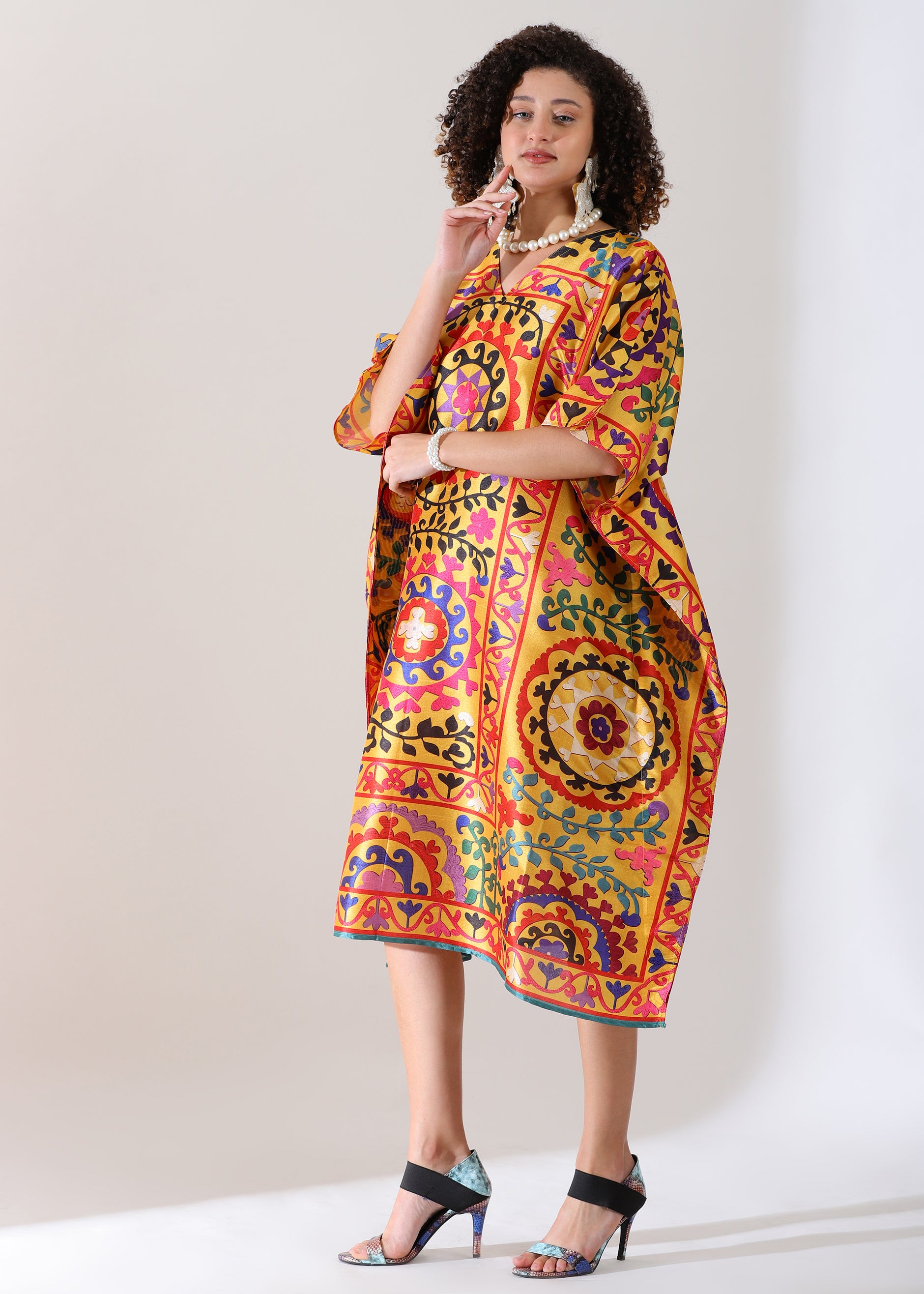 PIAAH Madhubani Printed Stitched Kaftan Top : Earthen Beige, Viscose Silk, Calf Length, Free Size - Stylish & Chic for Women