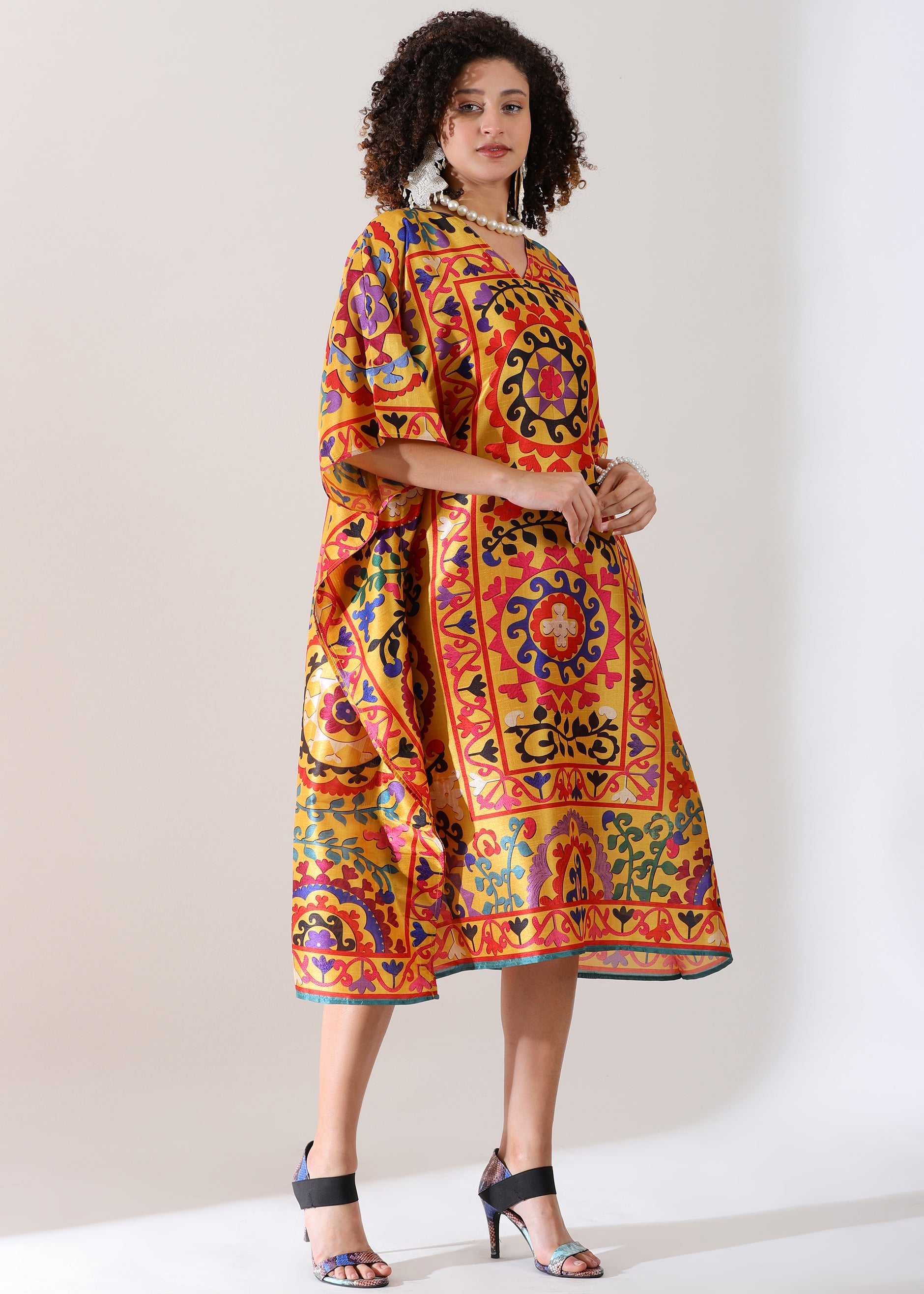 PIAAH Madhubani Printed Stitched Kaftan Top : Earthen Beige, Viscose Silk, Calf Length, Free Size - Stylish & Chic for Women