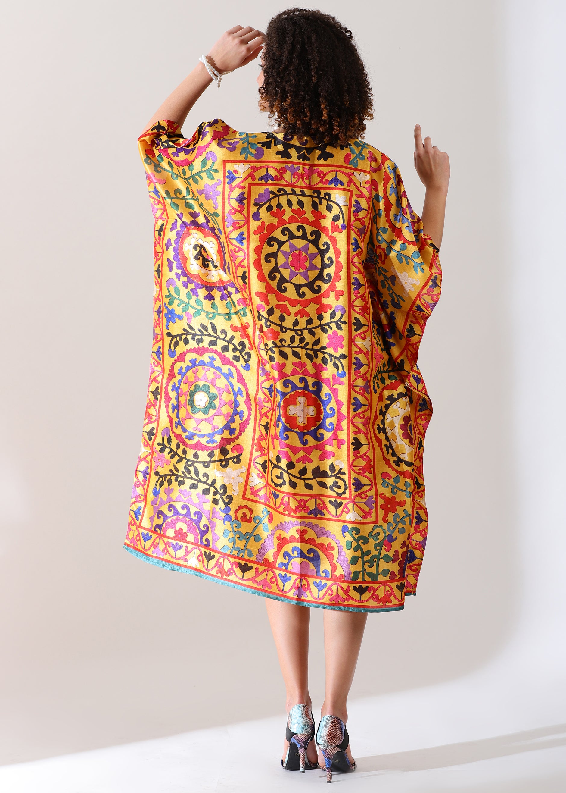 PIAAH Madhubani Printed Stitched Kaftan Top : Earthen Beige, Viscose Silk, Calf Length, Free Size - Stylish & Chic for Women