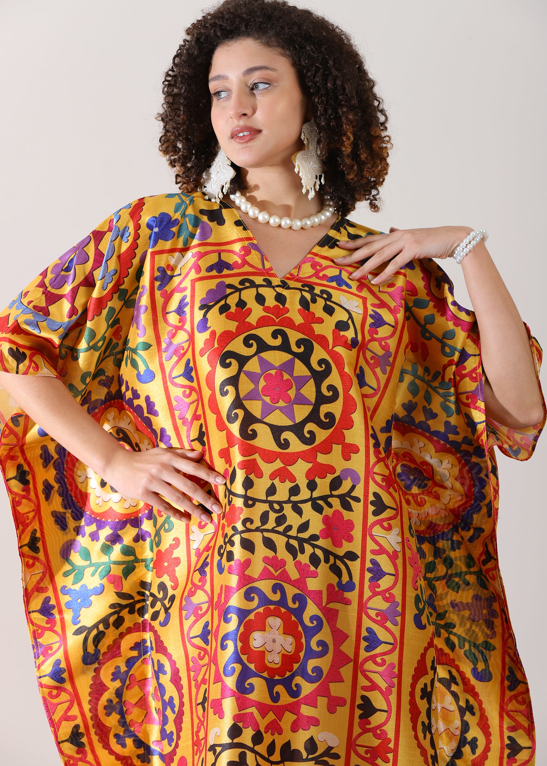 PIAAH Madhubani Printed Stitched Kaftan Top : Earthen Beige, Viscose Silk, Calf Length, Free Size - Stylish & Chic for Women