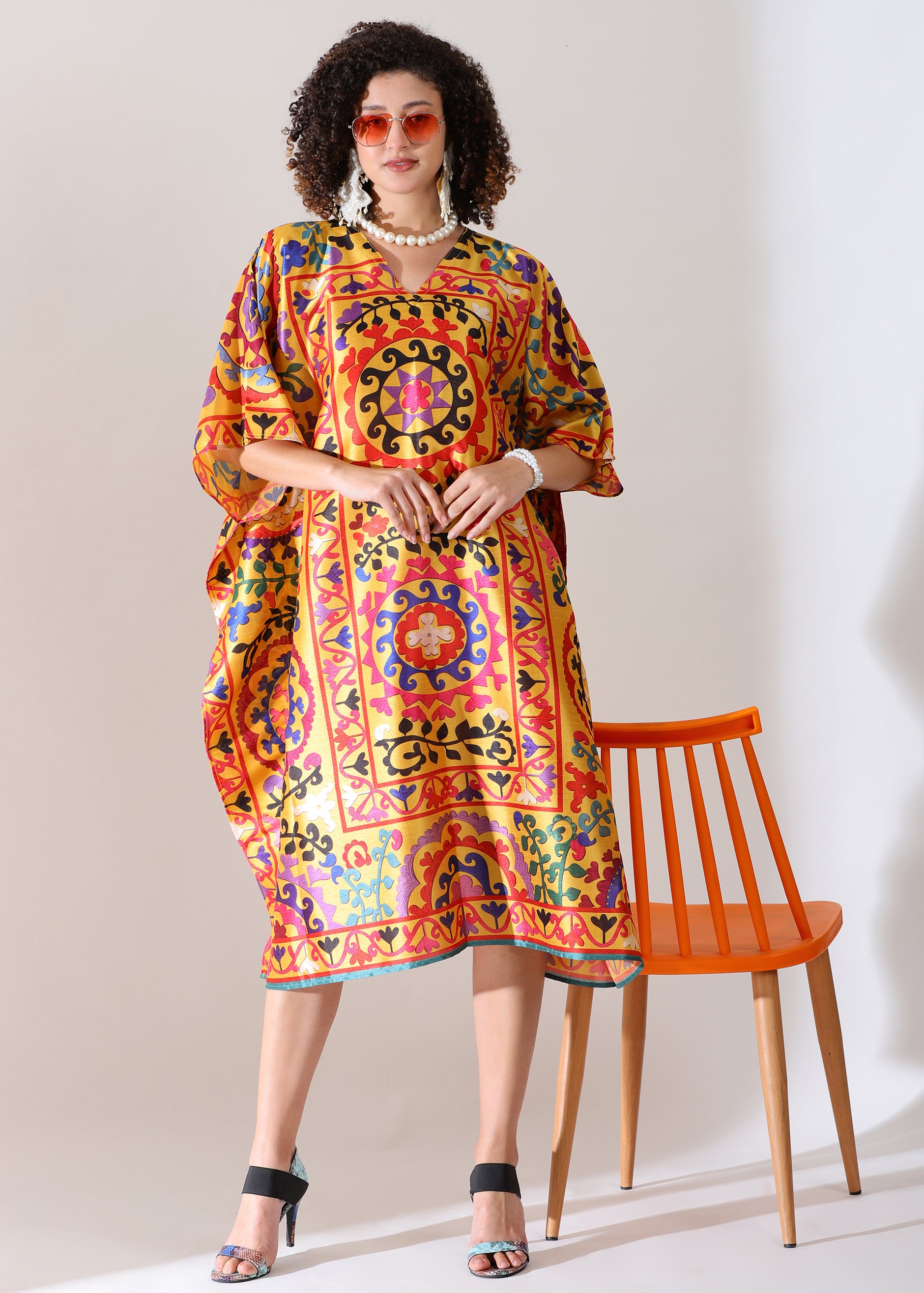 PIAAH Madhubani Printed Stitched Kaftan Top : Earthen Beige, Viscose Silk, Calf Length, Free Size - Stylish & Chic for Women