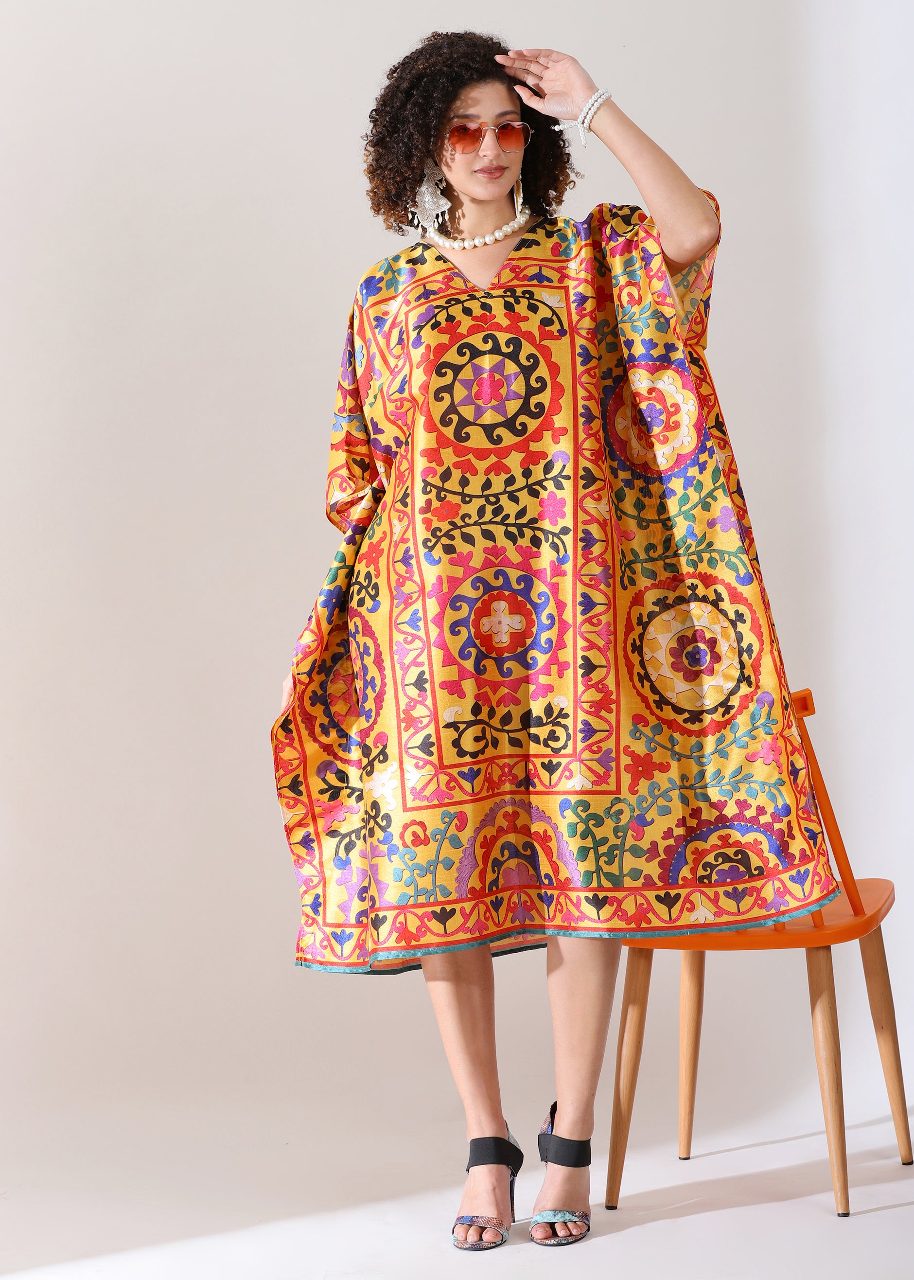 PIAAH Madhubani Printed Stitched Kaftan Top : Earthen Beige, Viscose Silk, Calf Length, Free Size - Stylish & Chic for Women