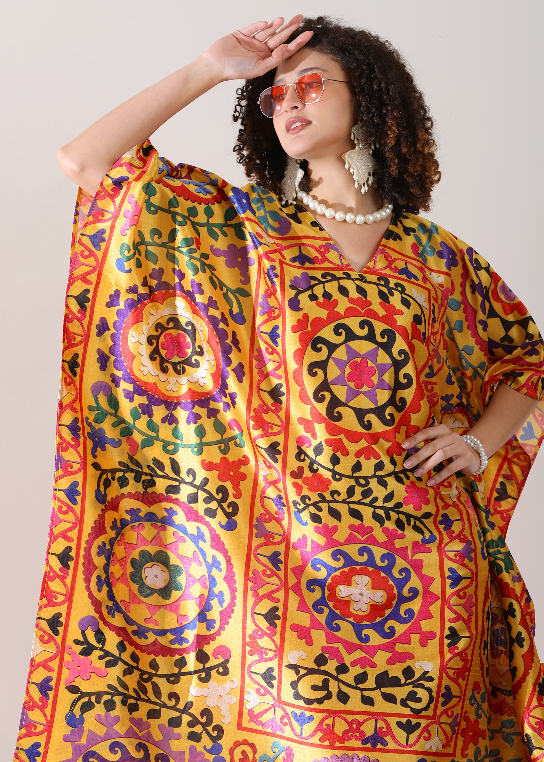 PIAAH Madhubani Printed Stitched Kaftan Top : Earthen Beige, Viscose Silk, Calf Length, Free Size - Stylish & Chic for Women