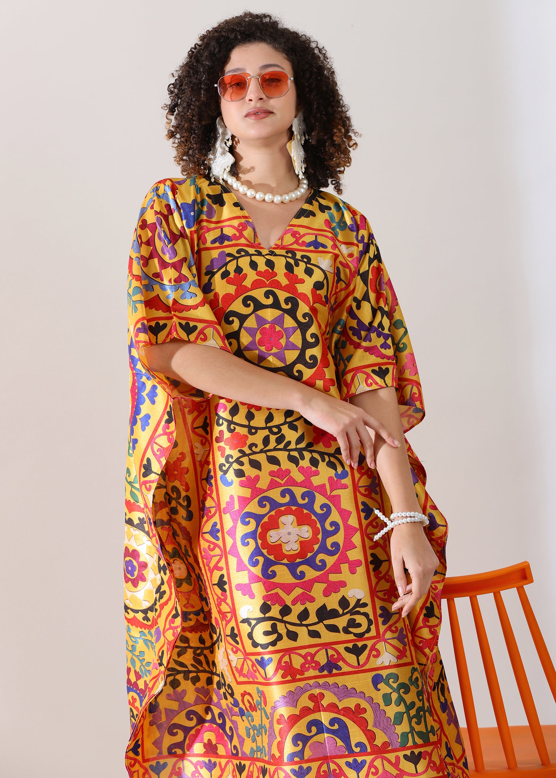 PIAAH Madhubani Printed Stitched Kaftan Top : Earthen Beige, Viscose Silk, Calf Length, Free Size - Stylish & Chic for Women