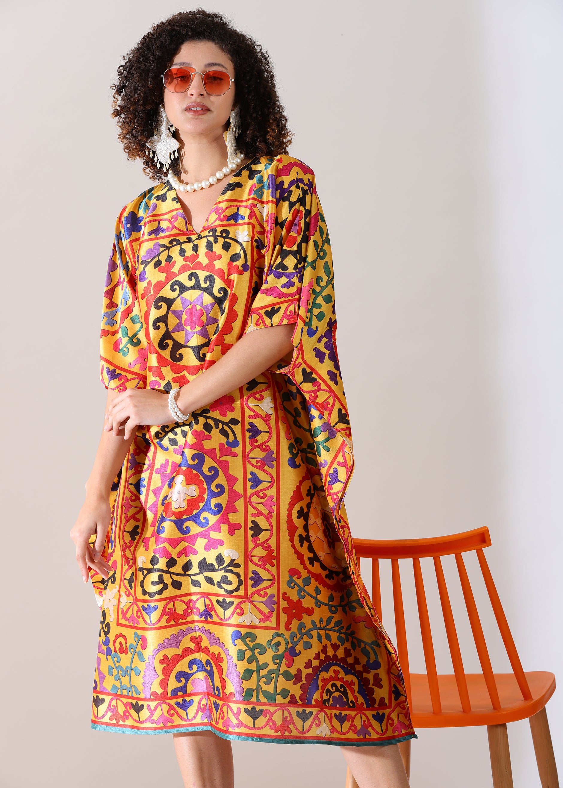 PIAAH Madhubani Printed Stitched Kaftan Top : Earthen Beige, Viscose Silk, Calf Length, Free Size - Stylish & Chic for Women