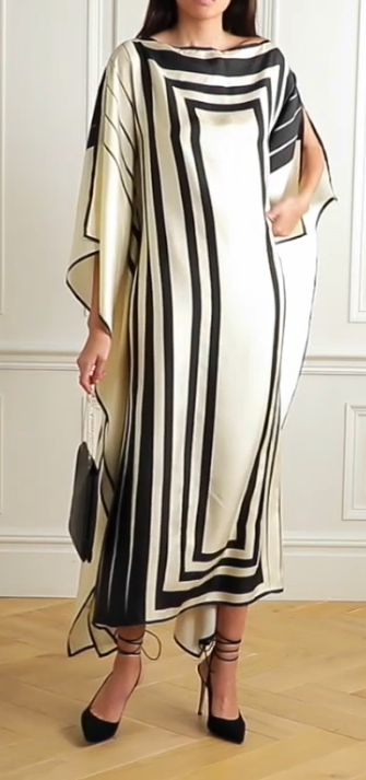 Luxurious Soft Satin Kaftan Dress in Elegant Black & Beige