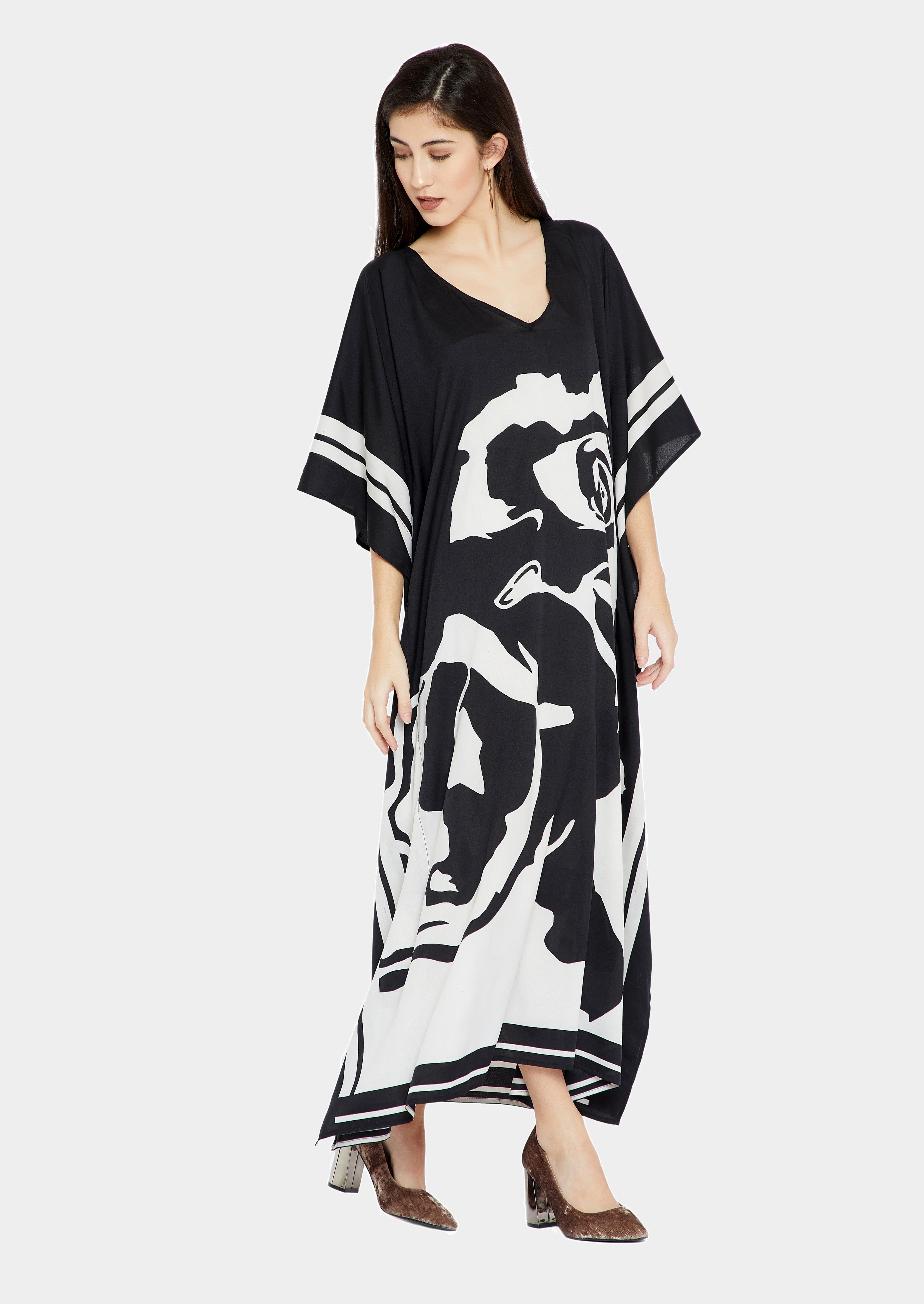 Soft Satin Silk Black & White Full Length Kaftan