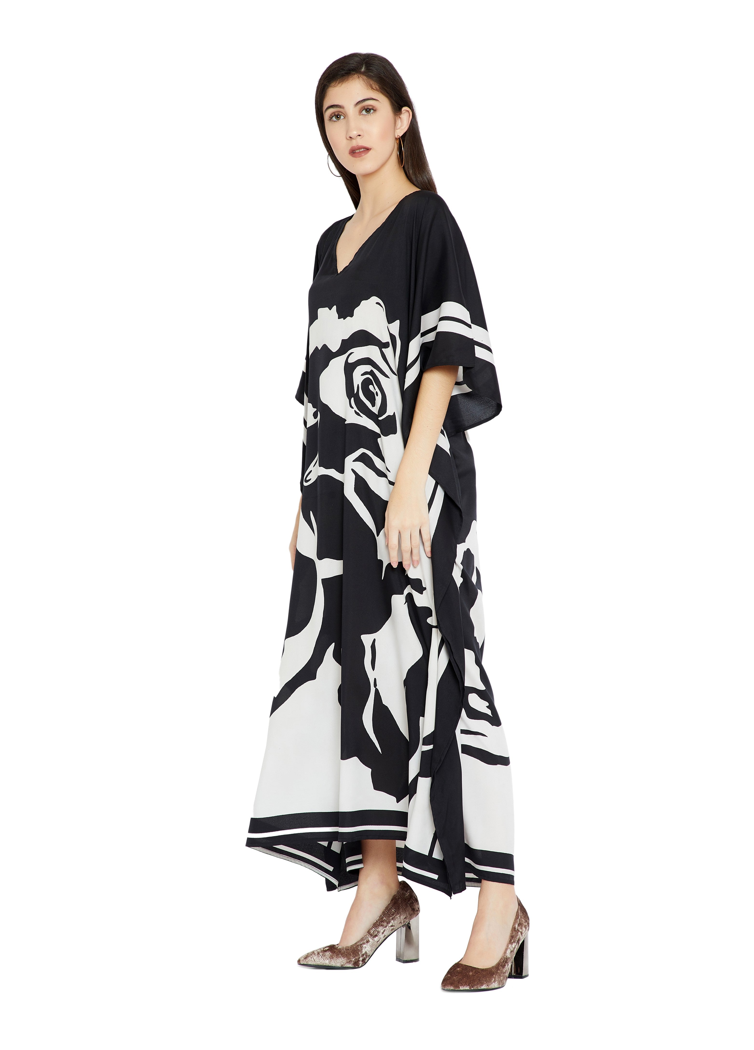 Soft Satin Silk Black & White Full Length Kaftan