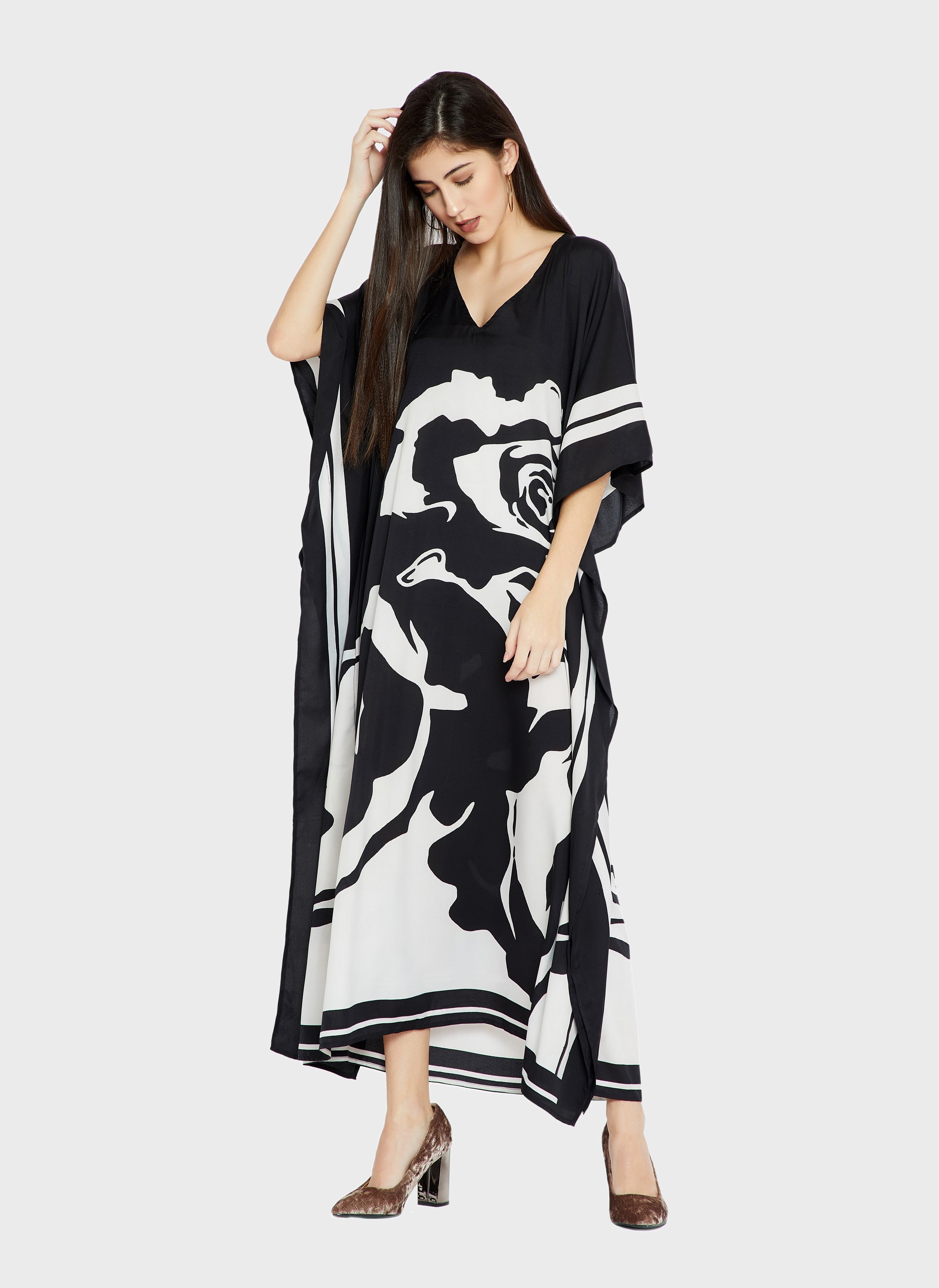 Soft Satin Silk Black & White Full Length Kaftan