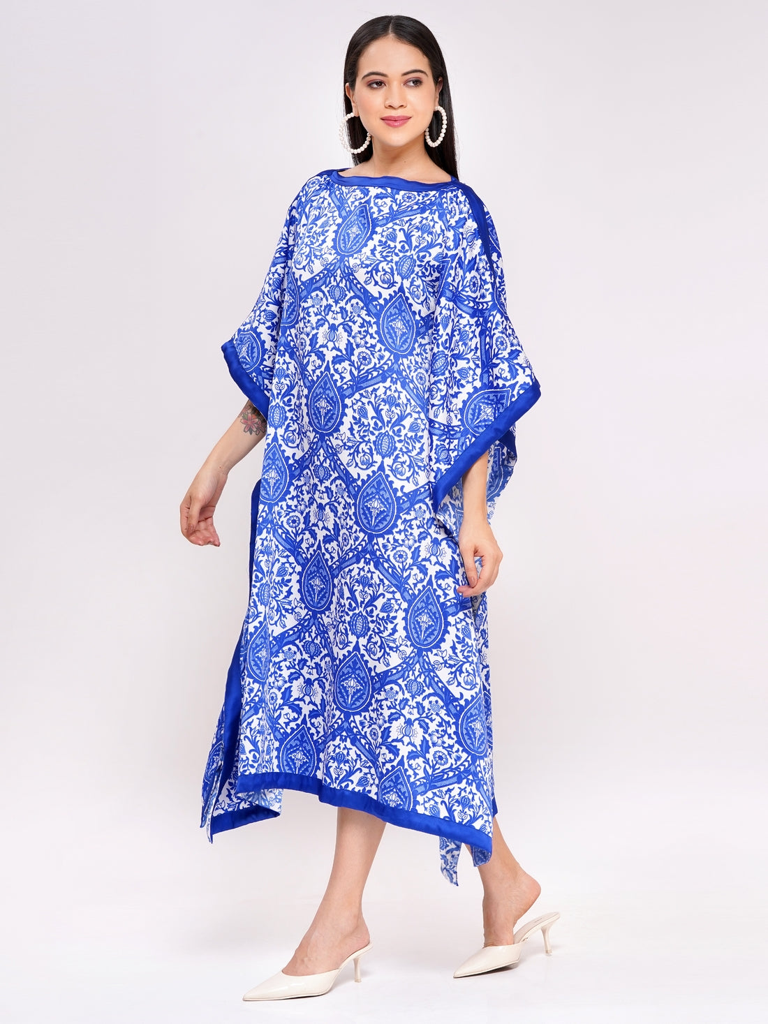 Royal Blue & White Floral Print Kaftan Dress for Women | Free Size Cot Piaah Royal Blue & White Floral Print Kaftan Dress for Women | Free Size Cot Piaah