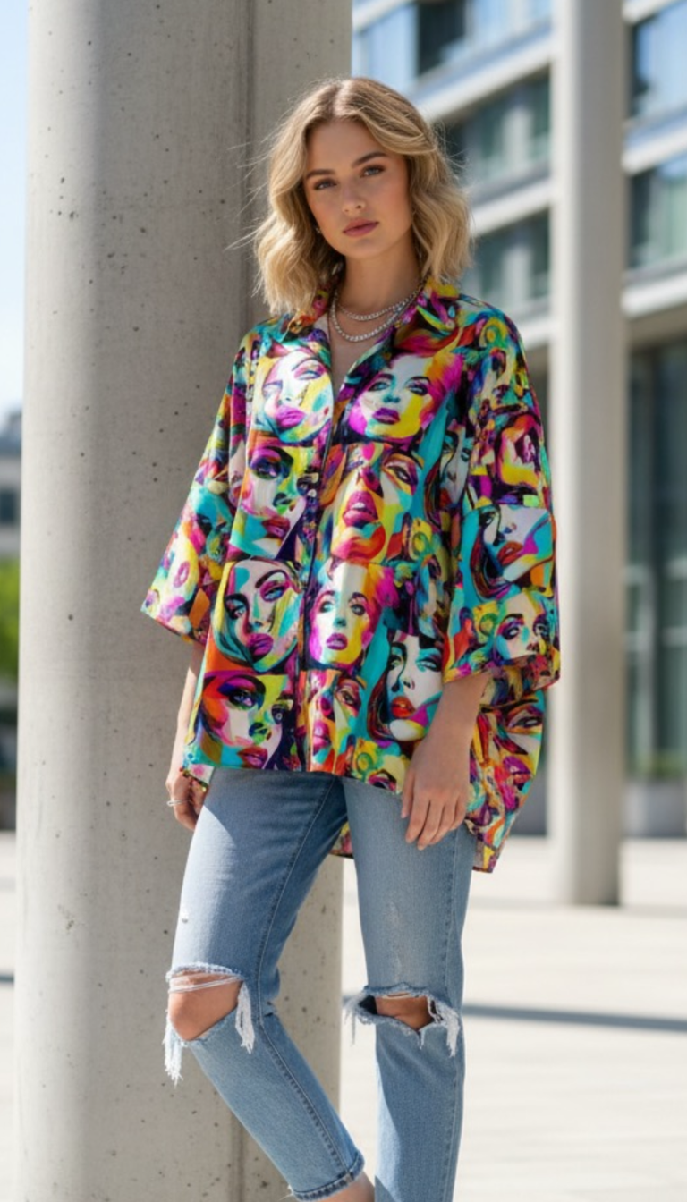 Pop Art Expression Oversized Shirt – Vibrant Faces Print