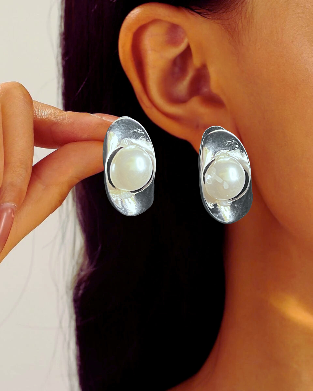 Modern Silver Pearl Statement Earrings