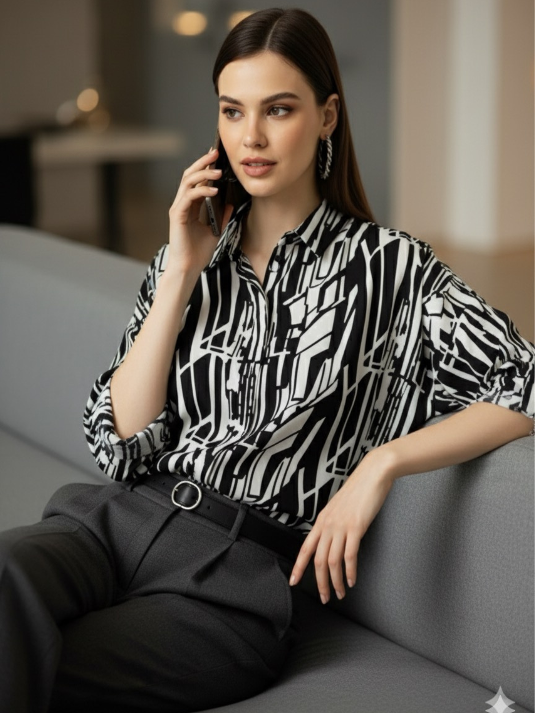 Professional Black & White Abstract Print Button-Up Shirt - Women&