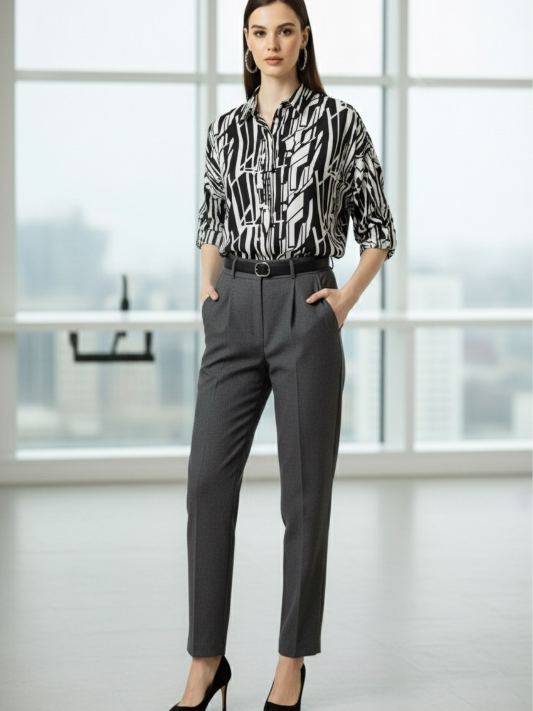 Professional Black & White Abstract Print Button-Up Shirt - Women&