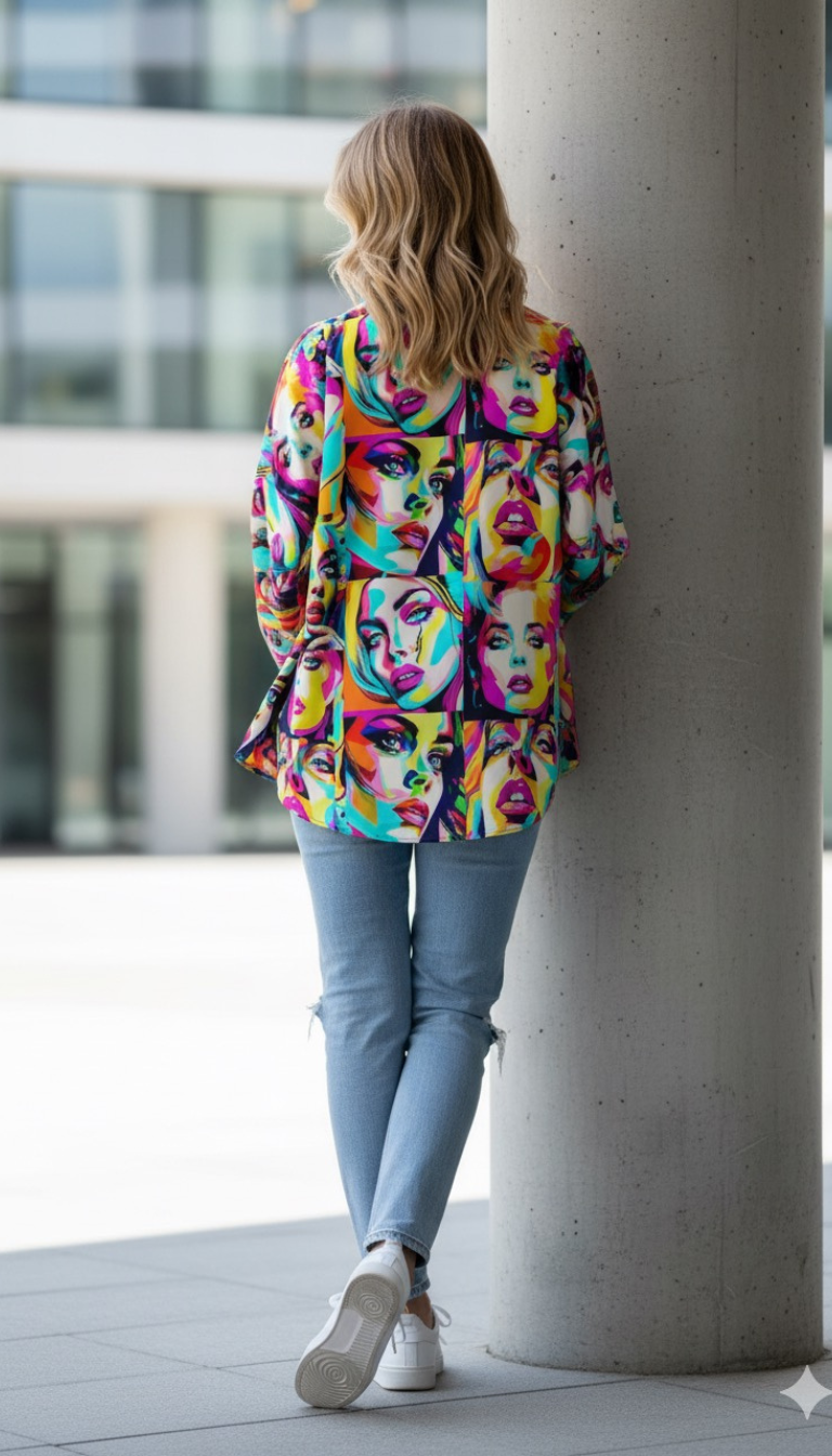 Pop Art Expression Oversized Shirt – Vibrant Faces Print