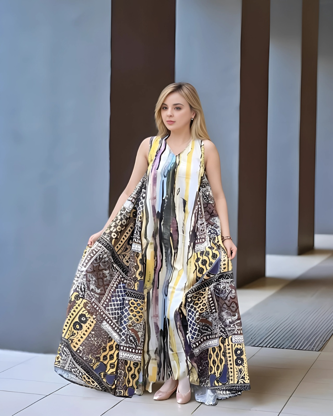 Sleeveless Long Dress with the Beautiful Brushstroke