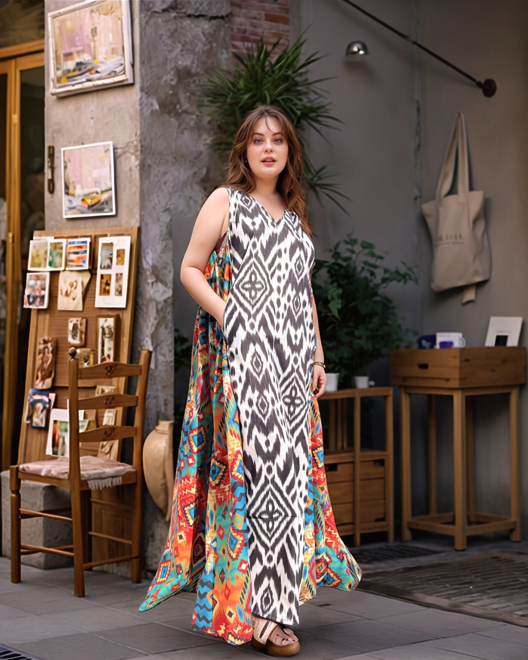 Artistic Fusion Print Flare Dress