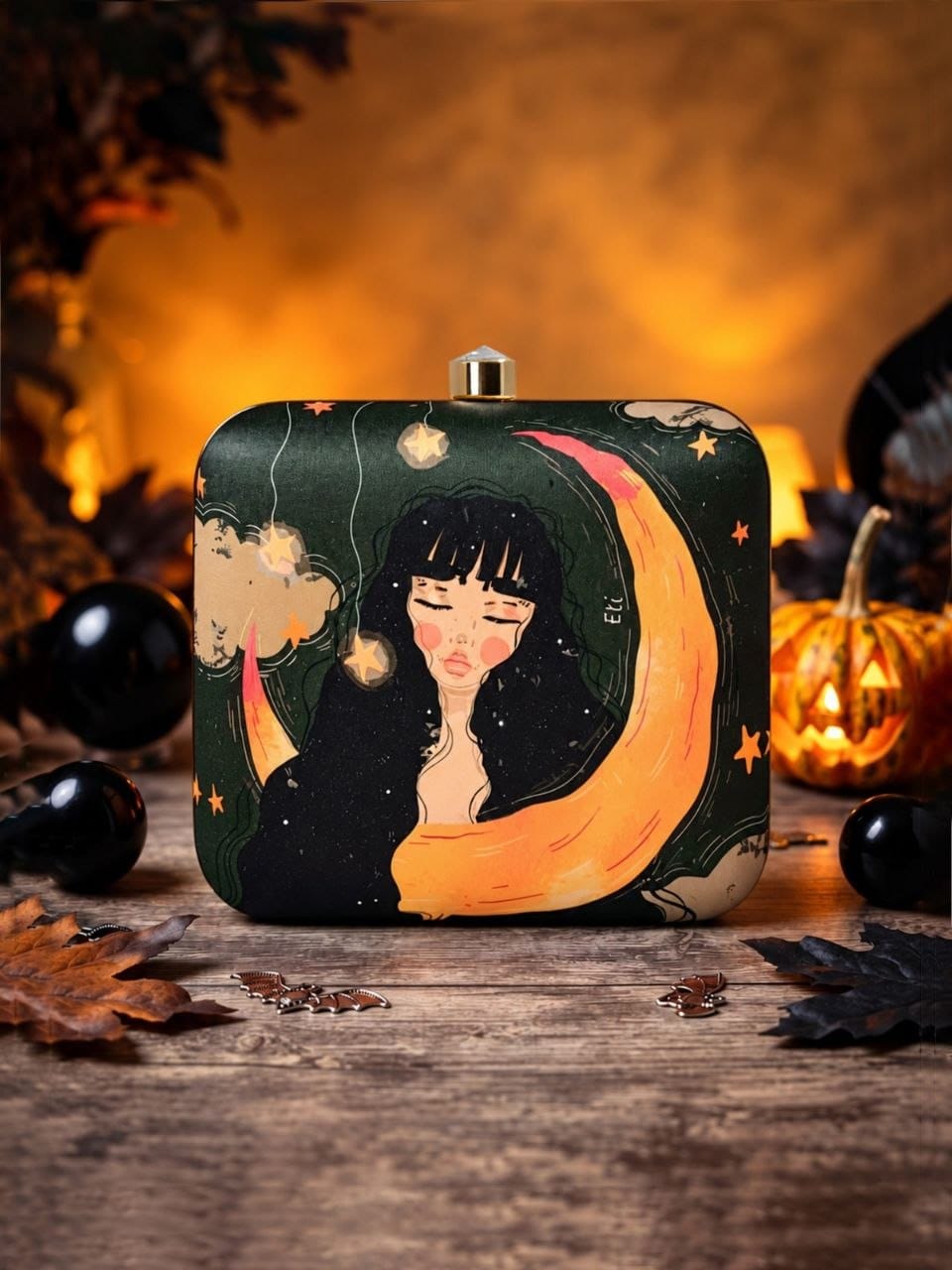 Elegant Green Moon & Star Printed Clutch Bag for Women – Artistic Evening Party Handbag