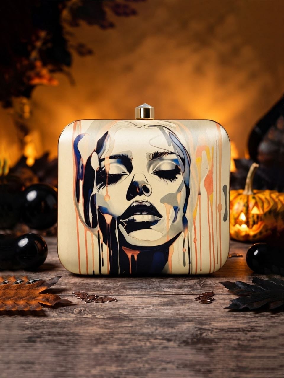 Beige Abstract Face Printed Clutch Bag for Women