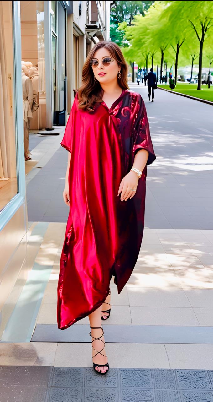 Elegant Red and Black Velvet Kaftan with Floral Patterns